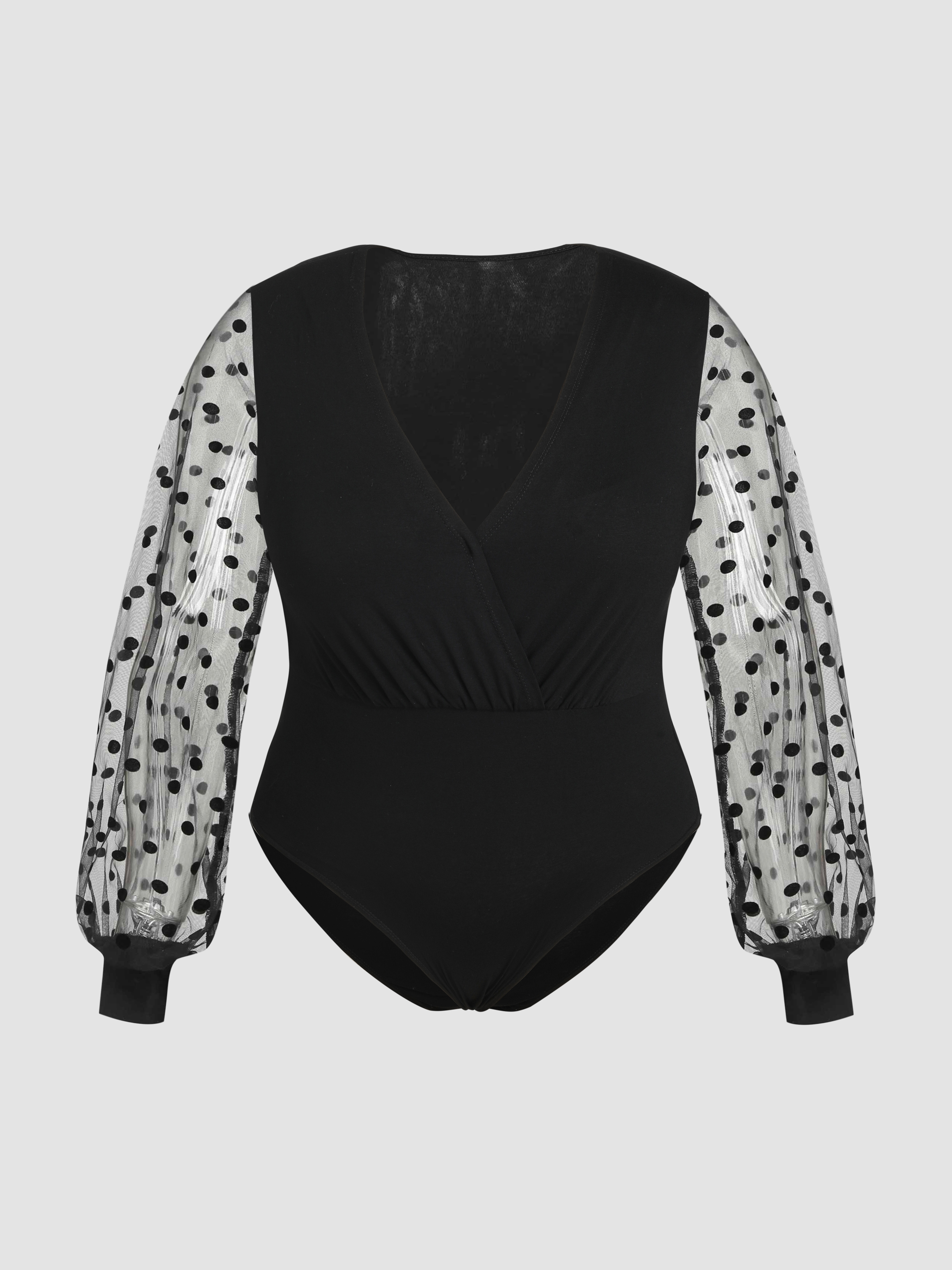 Mesh Jersey V-neck Solid Spot Ruched Bodysuit Curve & Plus For Music ...