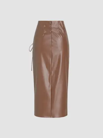 Faux Leather High Waist Drawstring Split Maxi Skirt