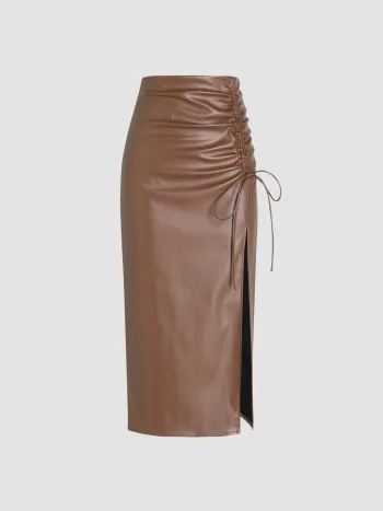 Faux Leather High Waist Drawstring Split Maxi Skirt