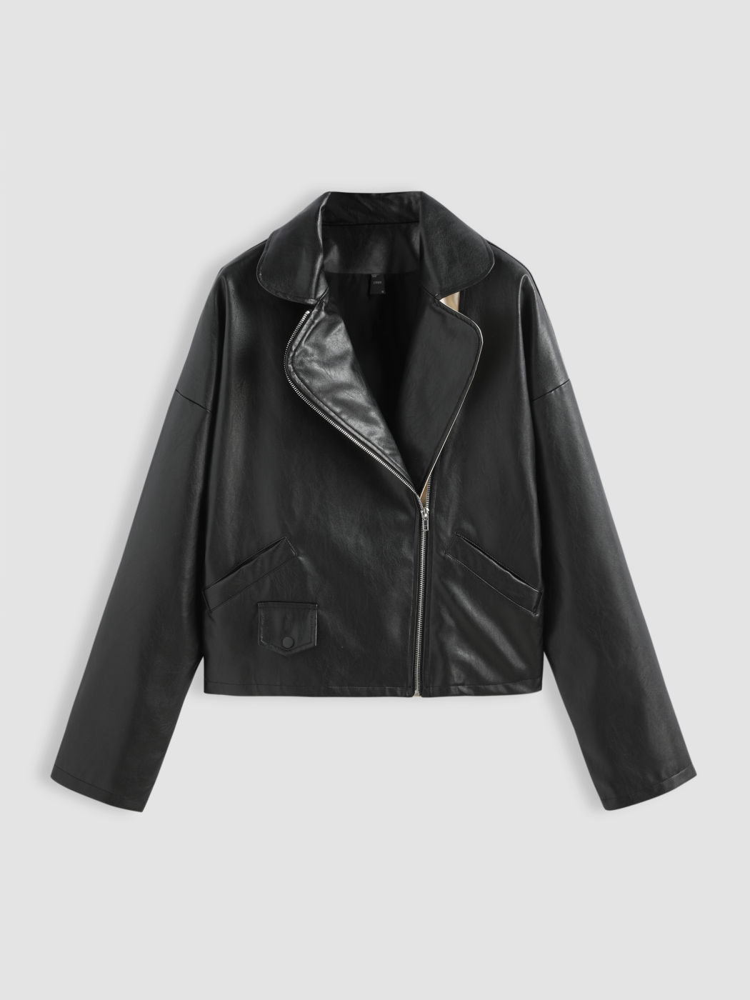 Faux Leather Notched Collar Zip Up Jacket