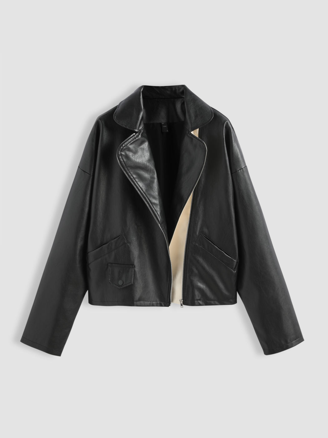 Faux Leather Notched Collar Zip Up Jacket