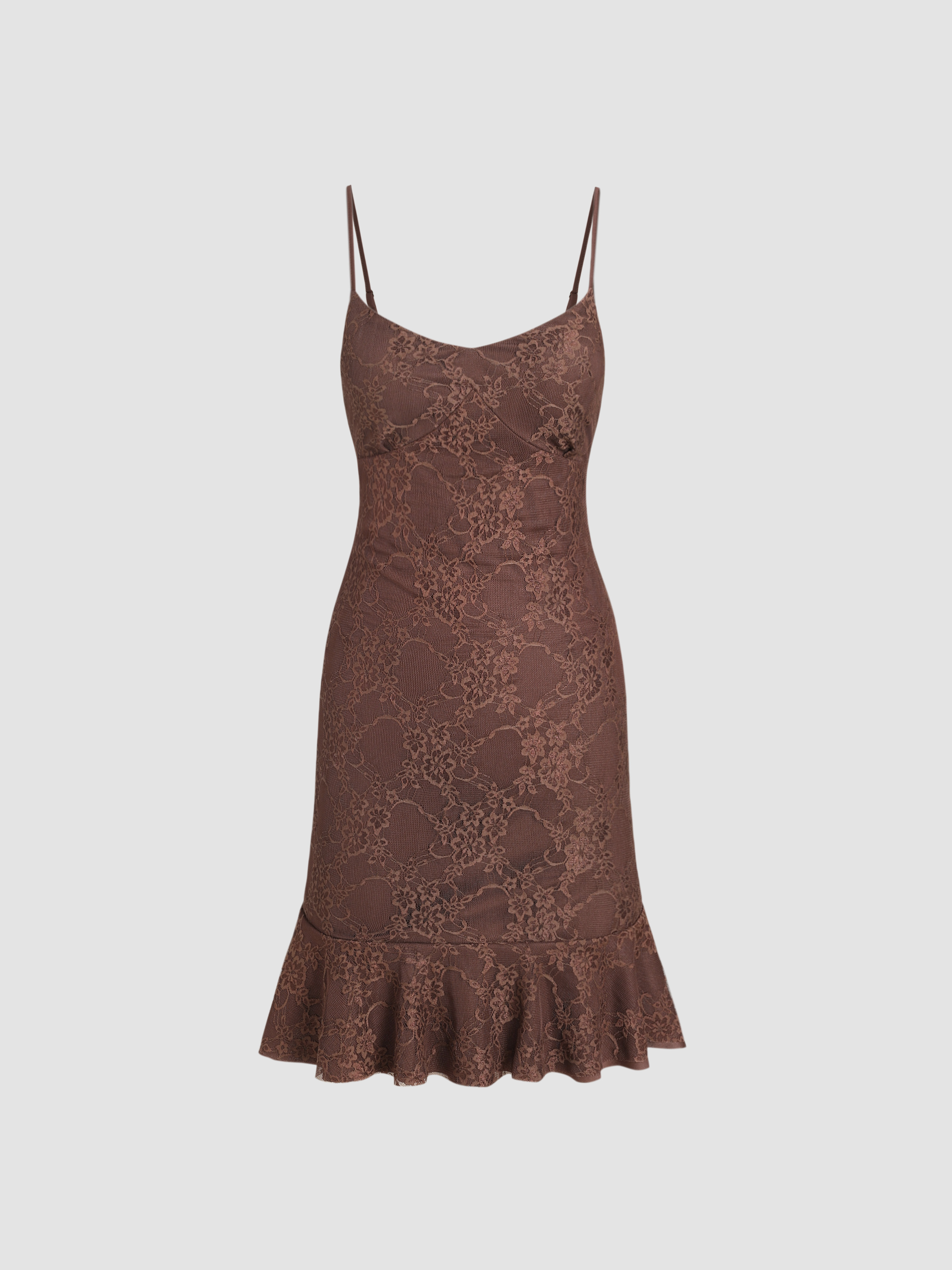 Solid Floral Lace Ruffle Hem Cami Dress - Cider