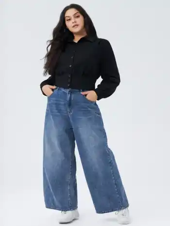Denim Solid Pocket Baggy Jeans Curve & Plus