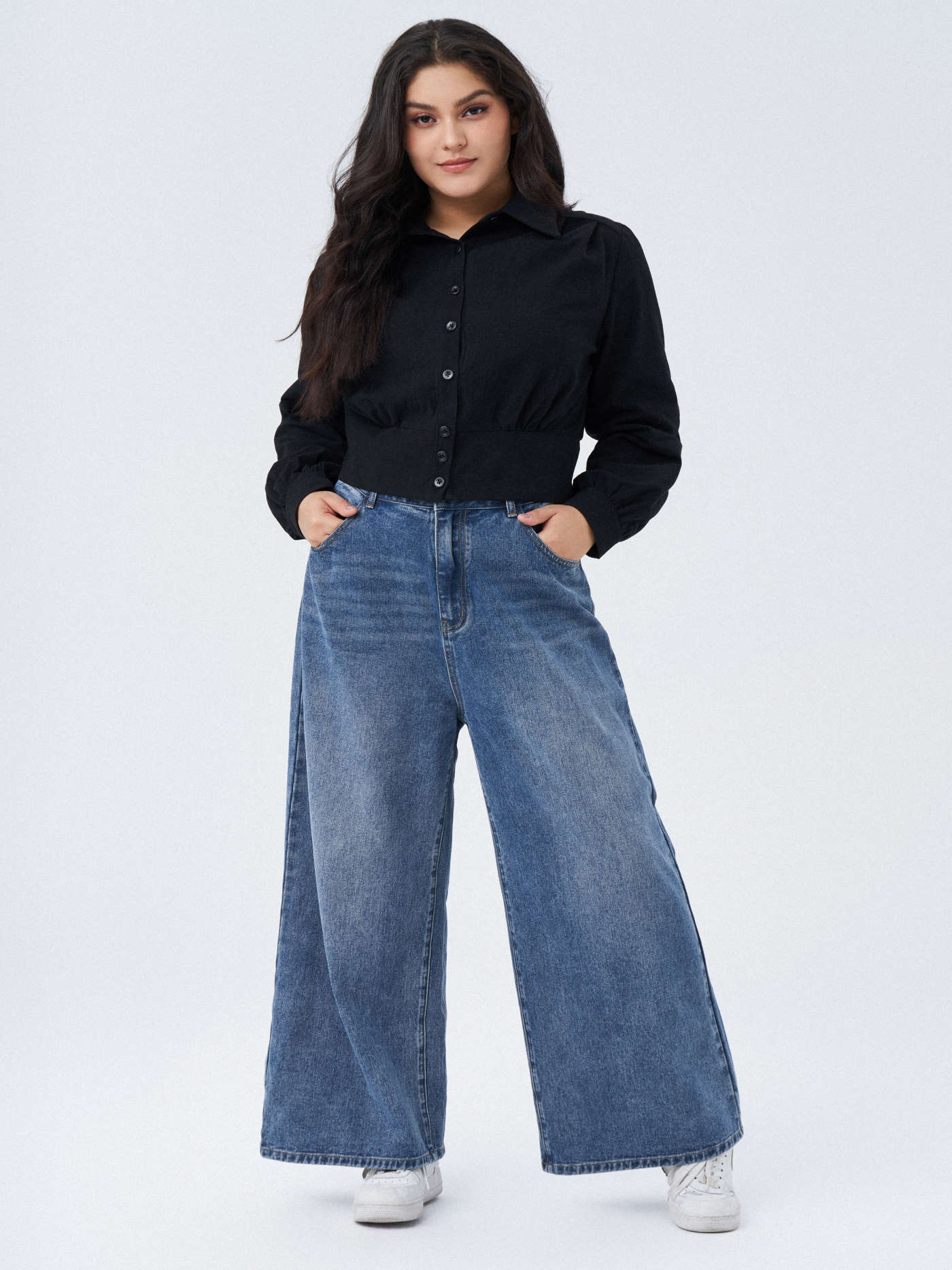 Denim Solid Pocket Baggy Jeans Curve & Plus