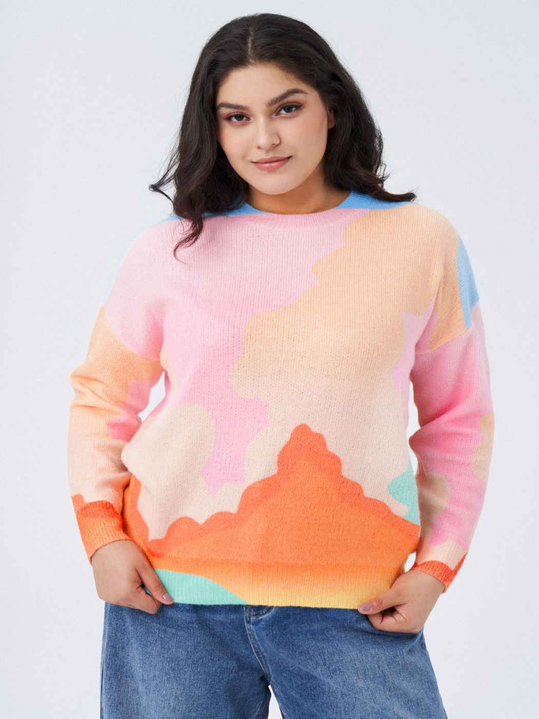 Wool-blend Patchy Rainbow Long Sleeve Sweater Curve & Plus