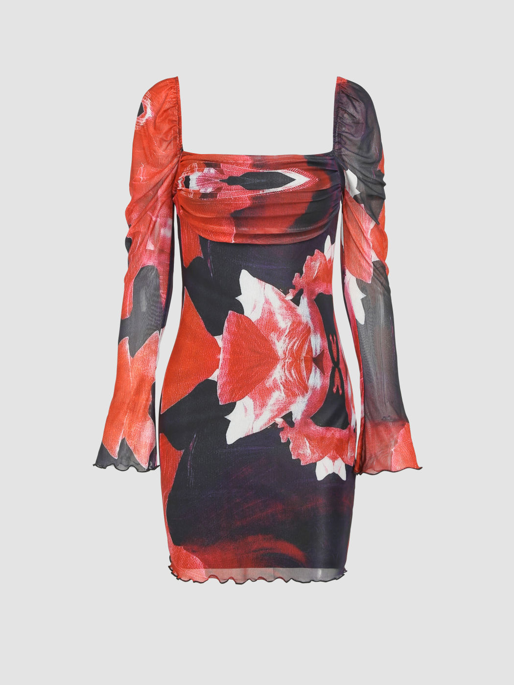 Gerafftes Minikleid mit abstraktem Muster und Salatbesatz