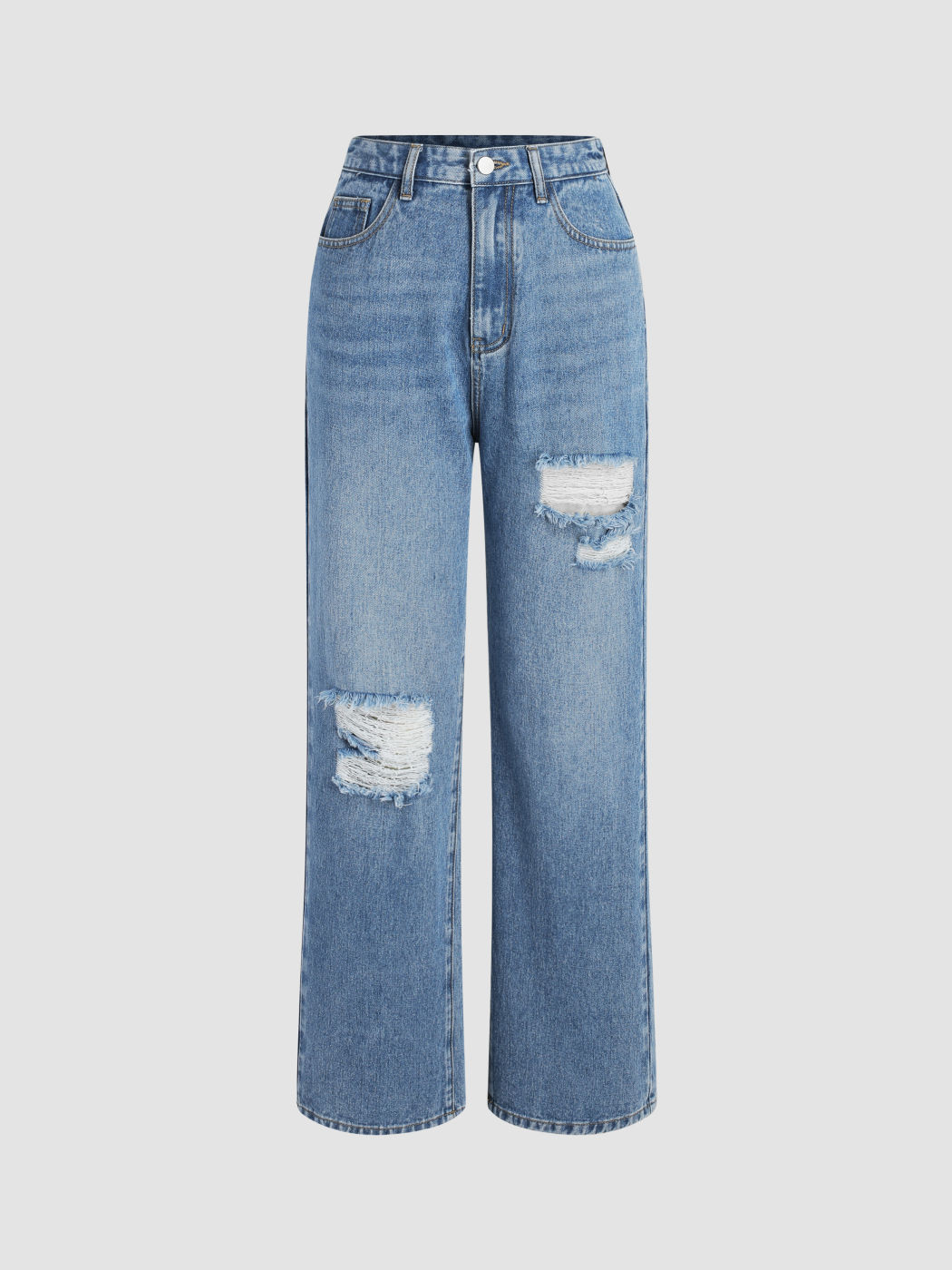 Mid Rise Ripped Straight Leg Jeans