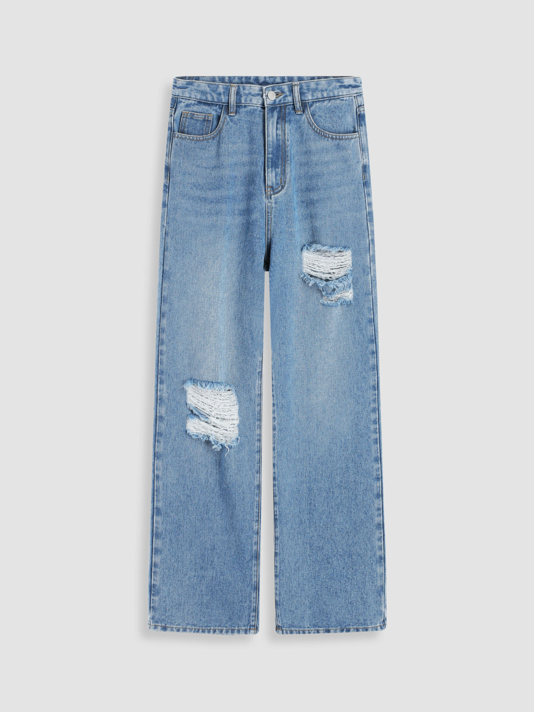 Mid Rise Ripped Straight Leg Jeans