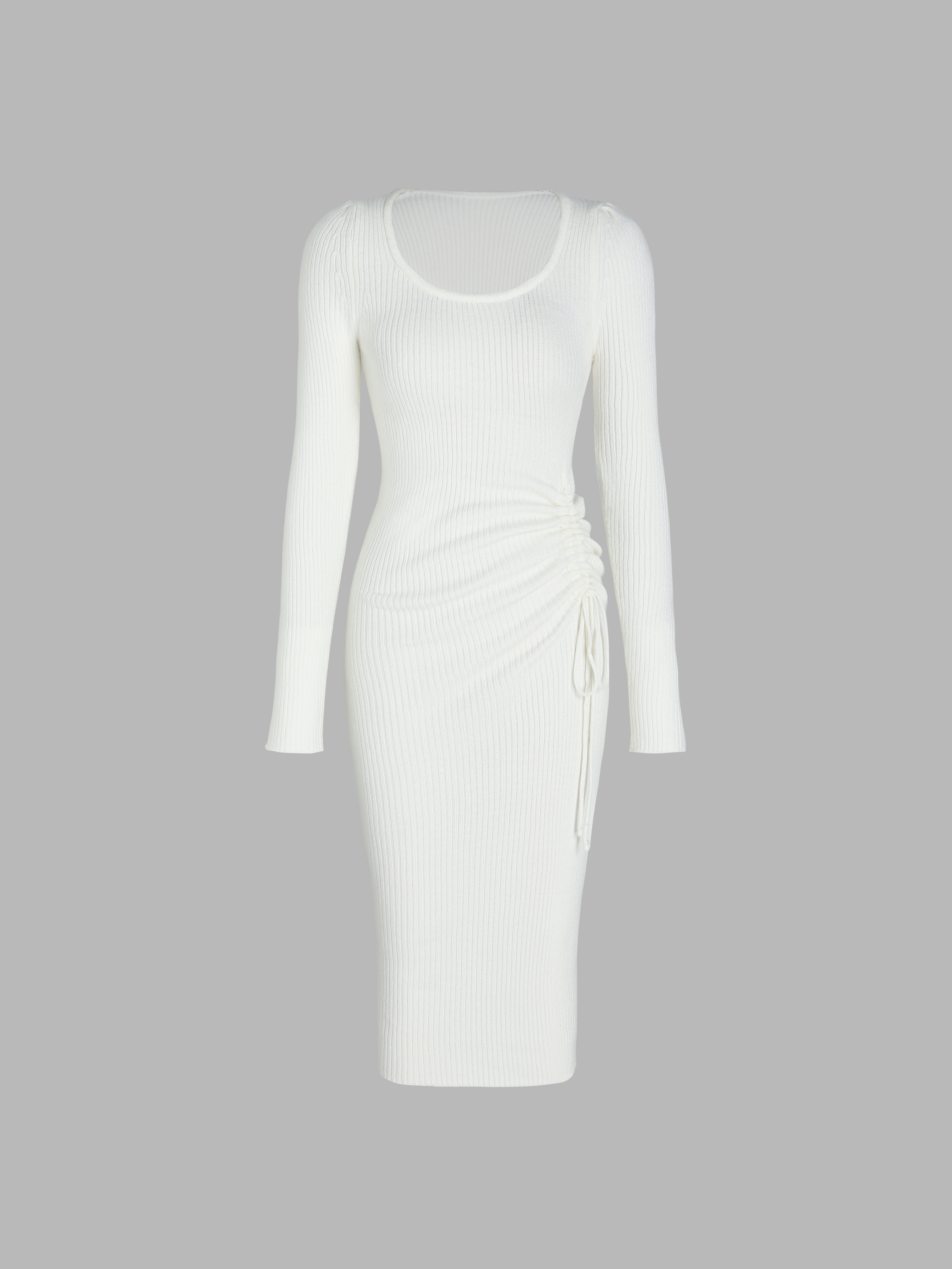 Knit Solid Drawstring Long Sleeve Midi Dress Cider