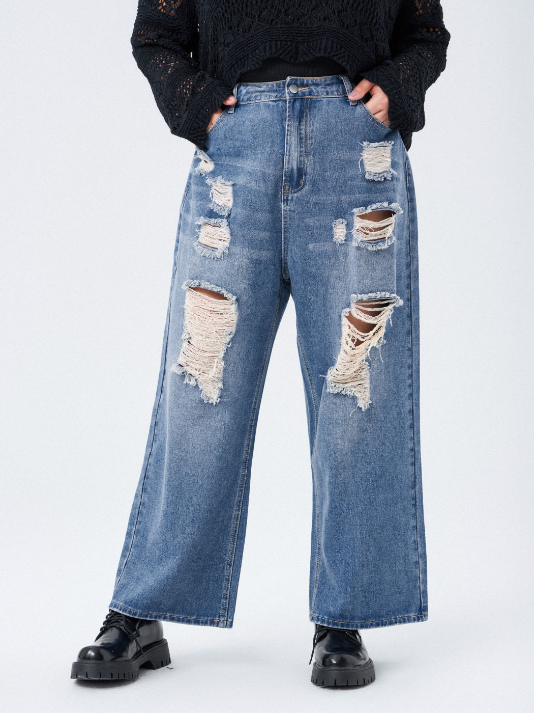 Curve & Plus Denim Ripped Wide Leg Trousers For School Daily Casual ...