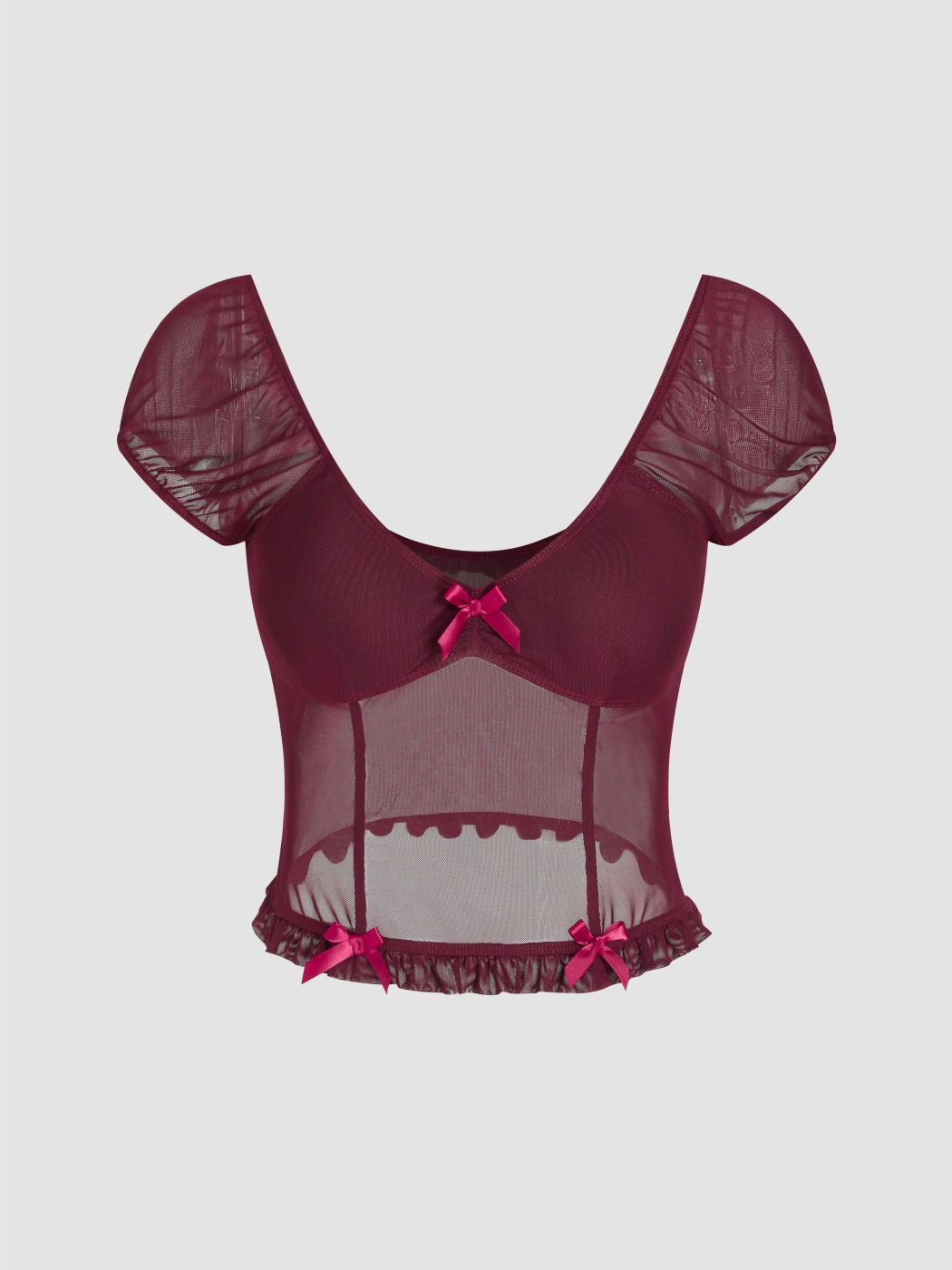 Durchsichtige Kurzarm-Crop-Bluse mit Rüschenbesatz