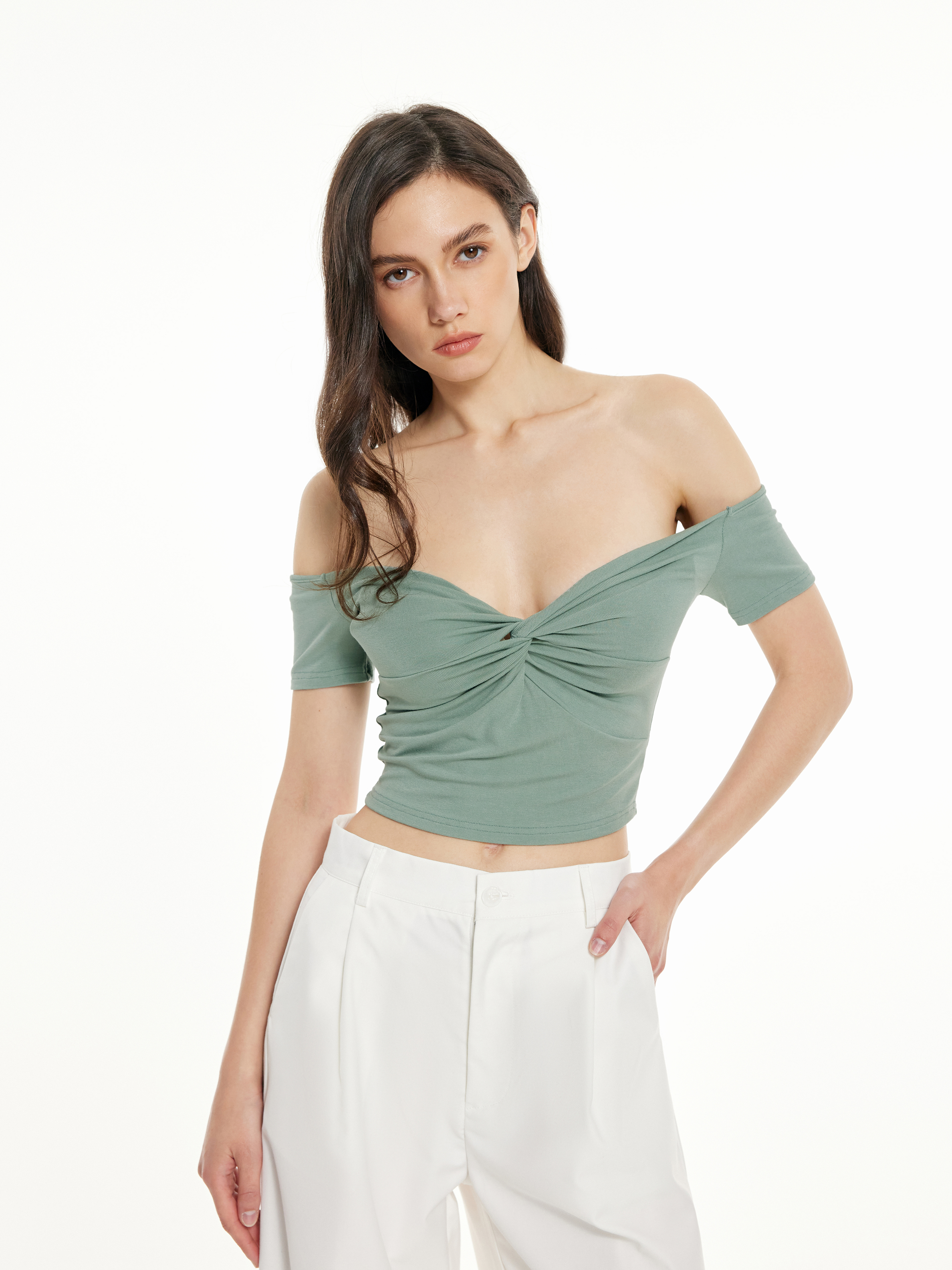 Knit Fabric Solid Twist Front Crop Top For Daily Casual Date