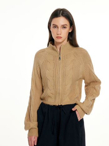Cable Knit High Neck Cardigan - Cider