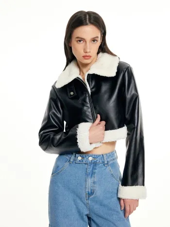 Faux Shearling Collar Crop Jacket