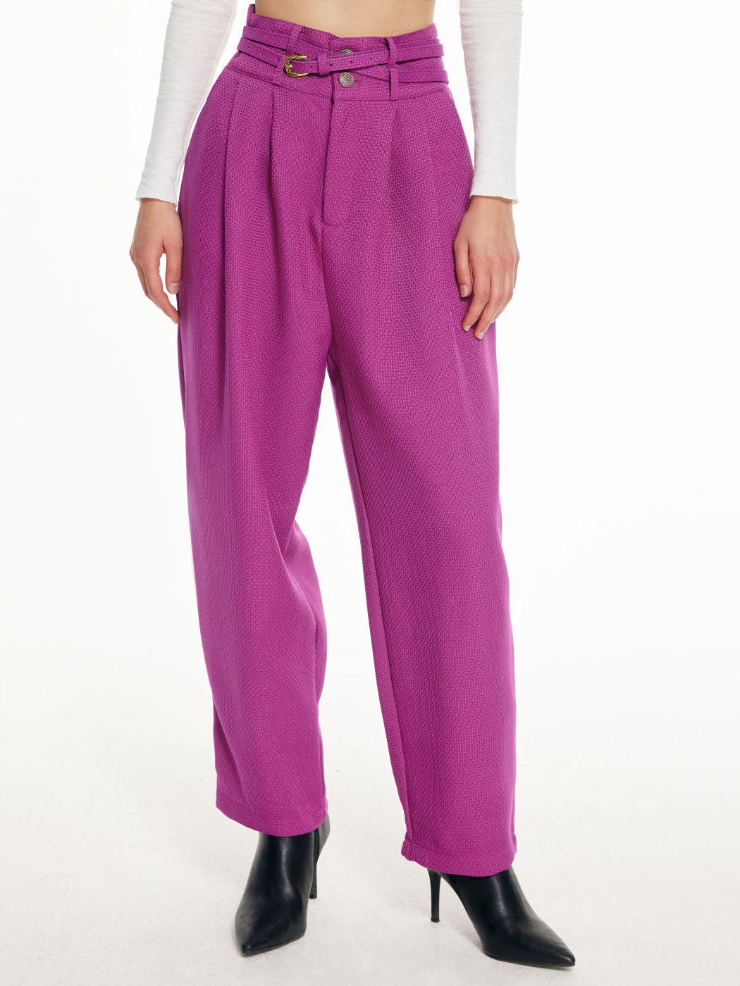 Tweed Solid Belted Straight Leg Trousers