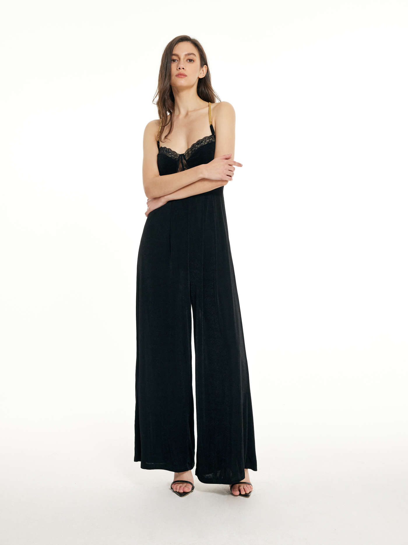 Solid Lace Corset Chain Cross Wide Leg Jumpsuit