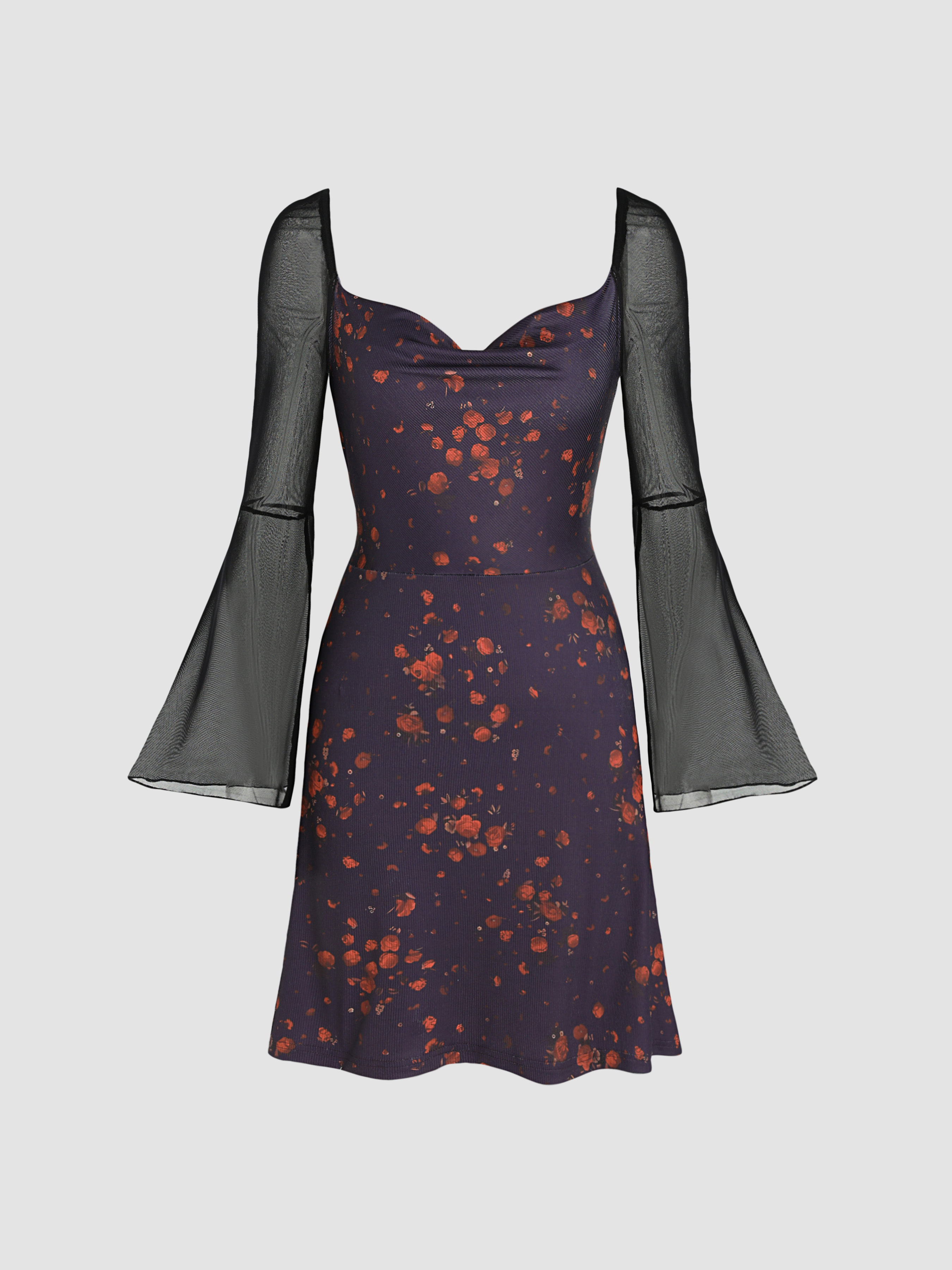 Material Floral Constrast Mesh Long Sleeve Dress For Occasion