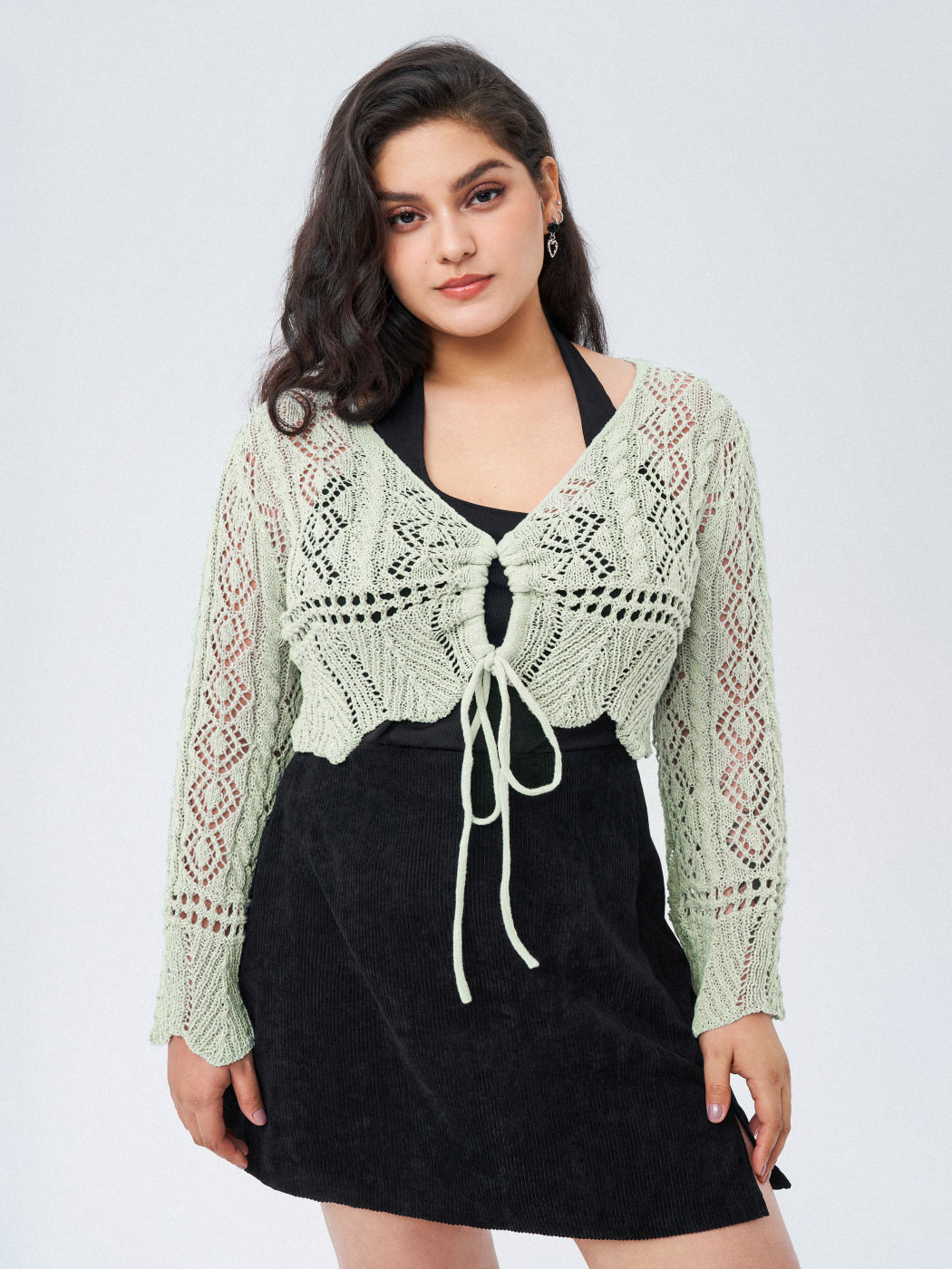 Solid Crochet Tie Front Deep V Neck Crop Top Curve & Plus