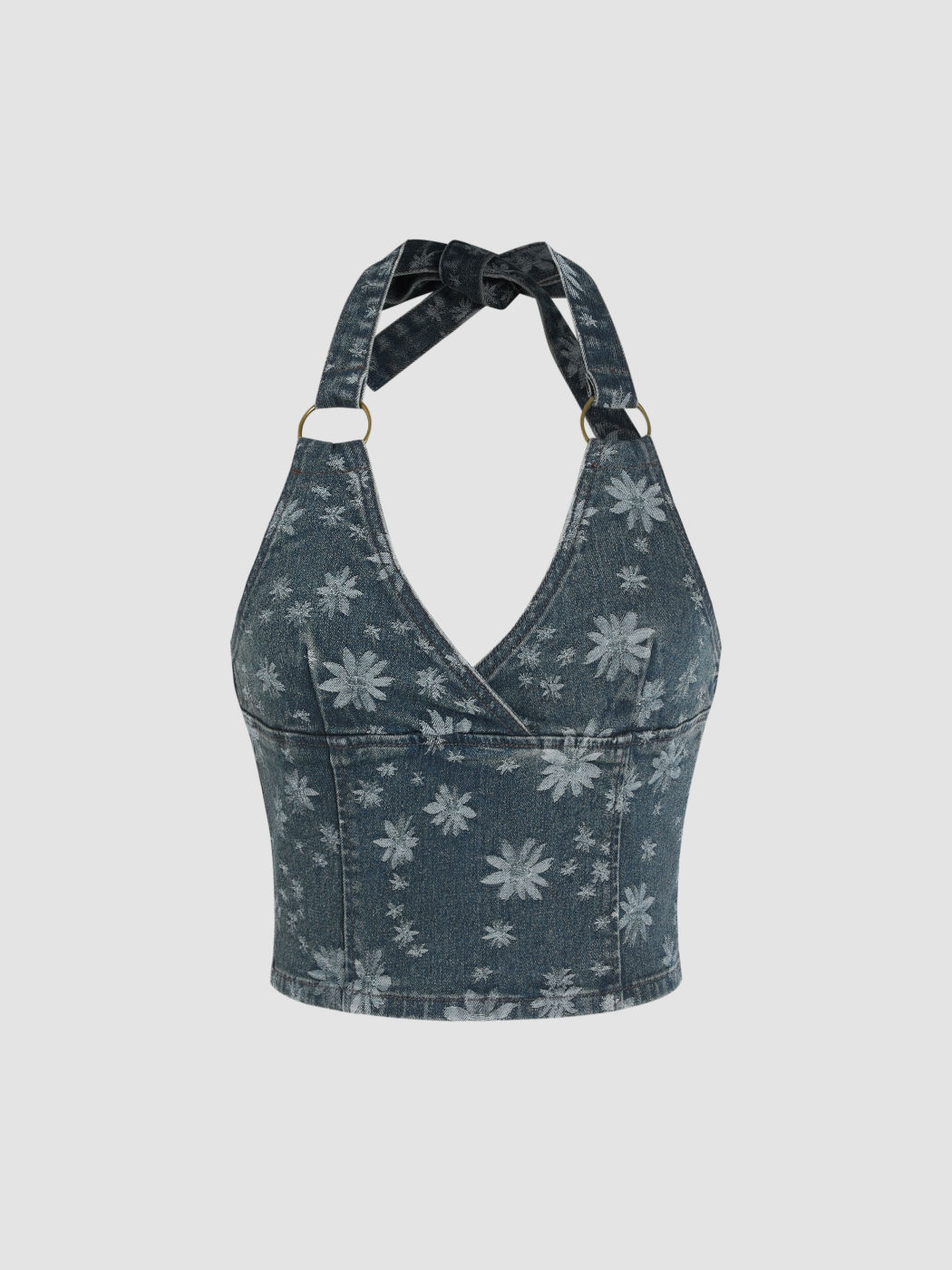 Denim Halter Floral Crop Top