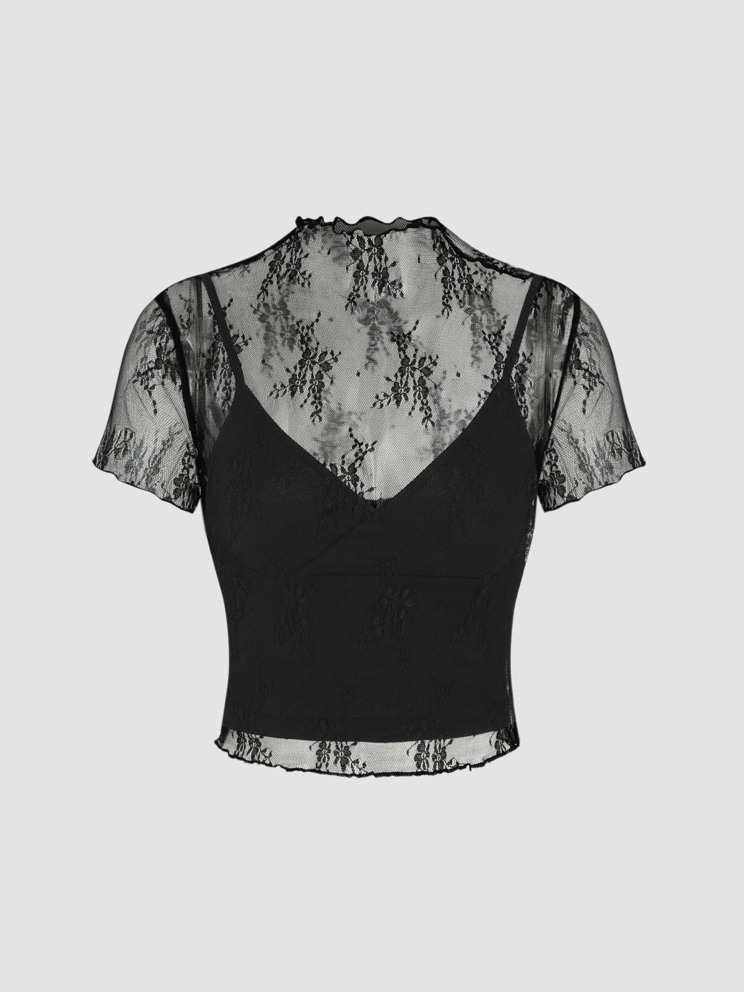 High Neck Lace Floral Top & Solid Crop Cami Top Set