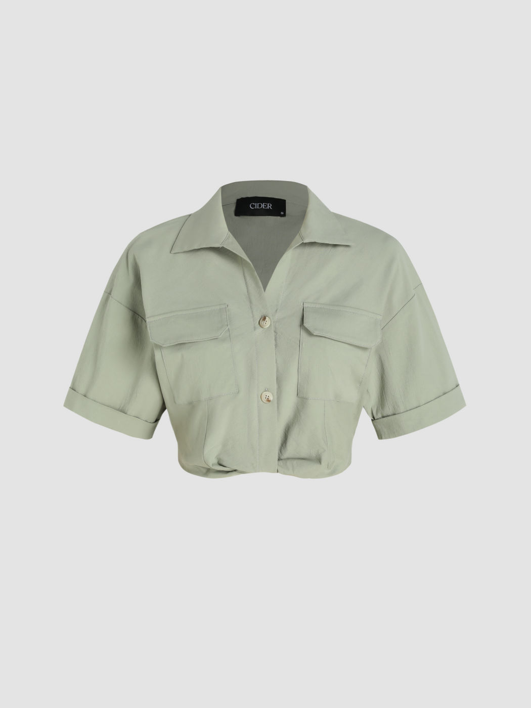 Solid Collar Button Up Crop Blouse