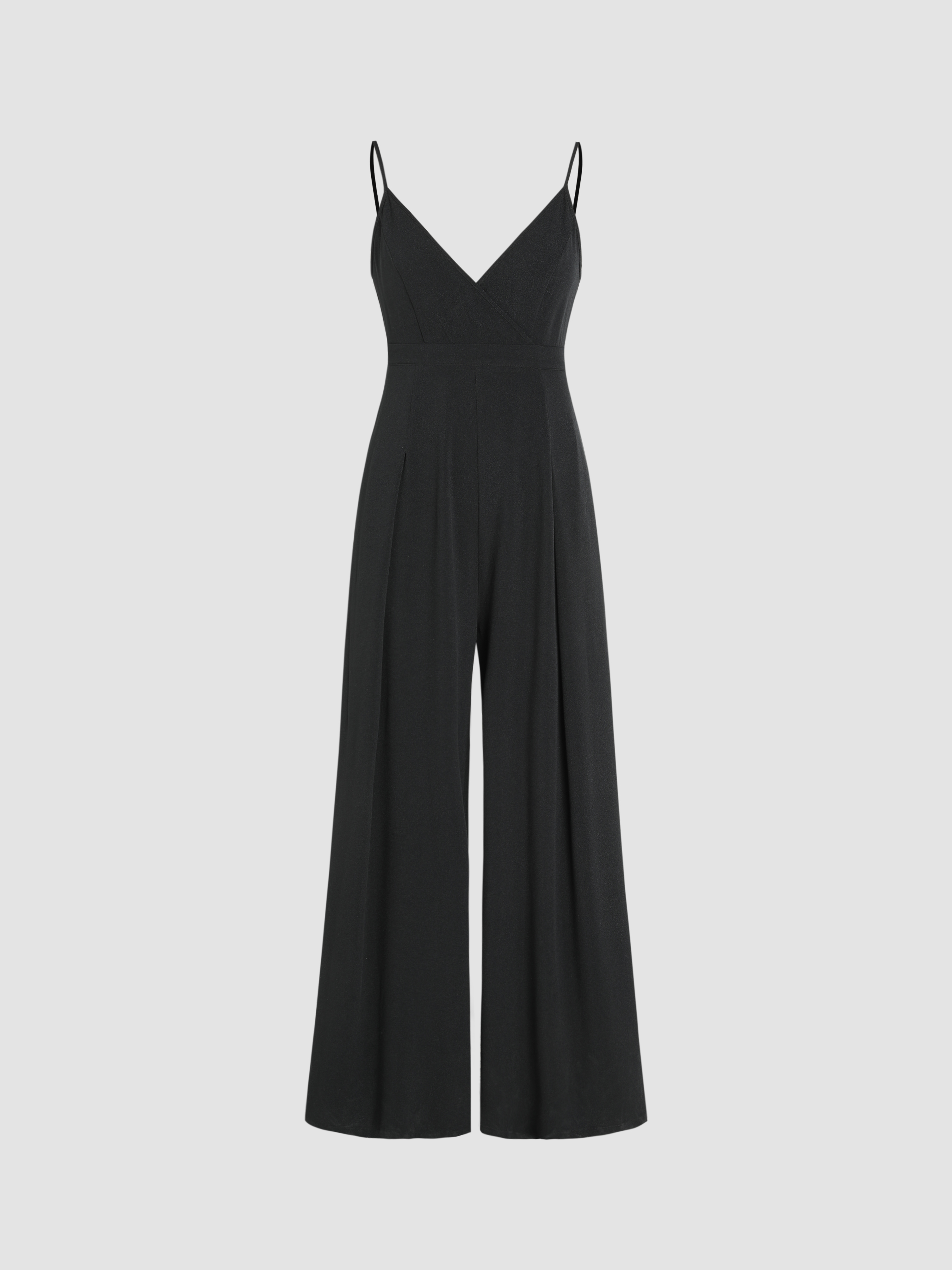 Solid V-neck Wide Leg Jumpsuit For Exhibition Coffee Shop