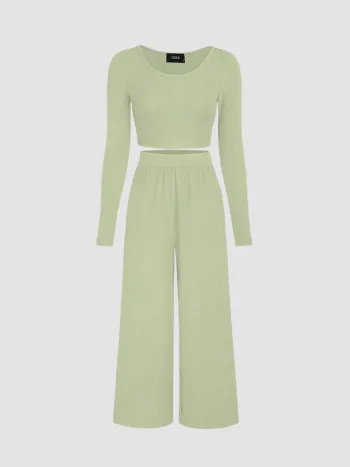 Solid Knitted Crop Top &  Wide Leg Trousers Set