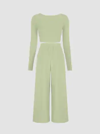 Solid Knitted Crop Top &  Wide Leg Trousers Set