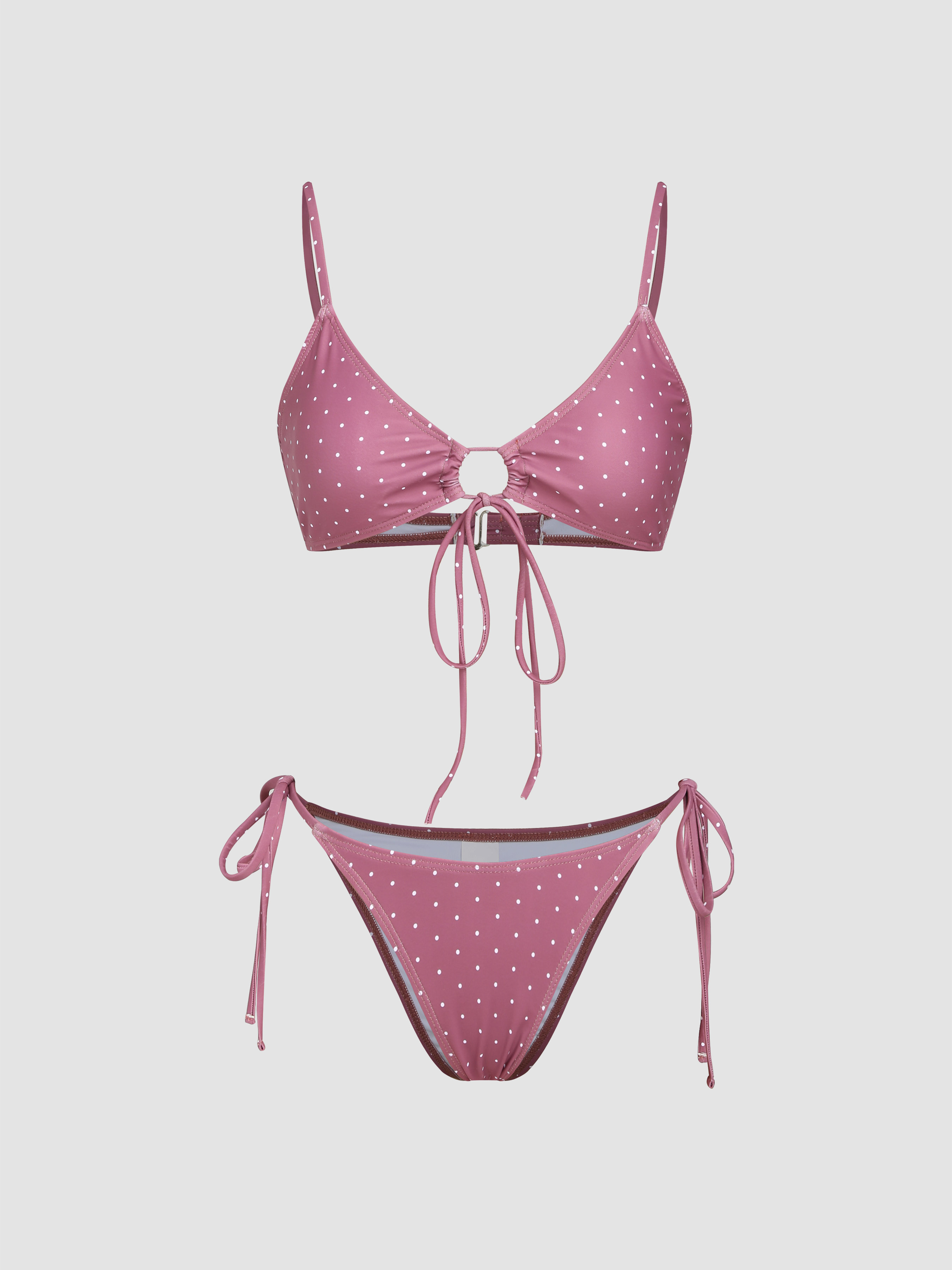 Polka Dot Ring Detail Knotted Bikini Swimsuit For Vacation