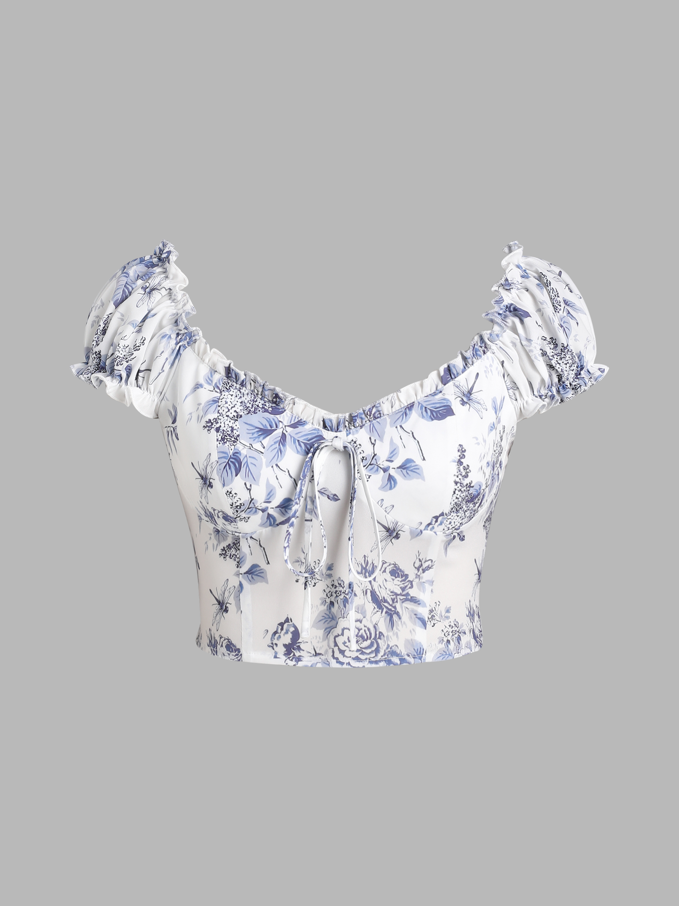 Woven Floral Ruffle Puff Sleeve Shirred Crop Top For School Daily