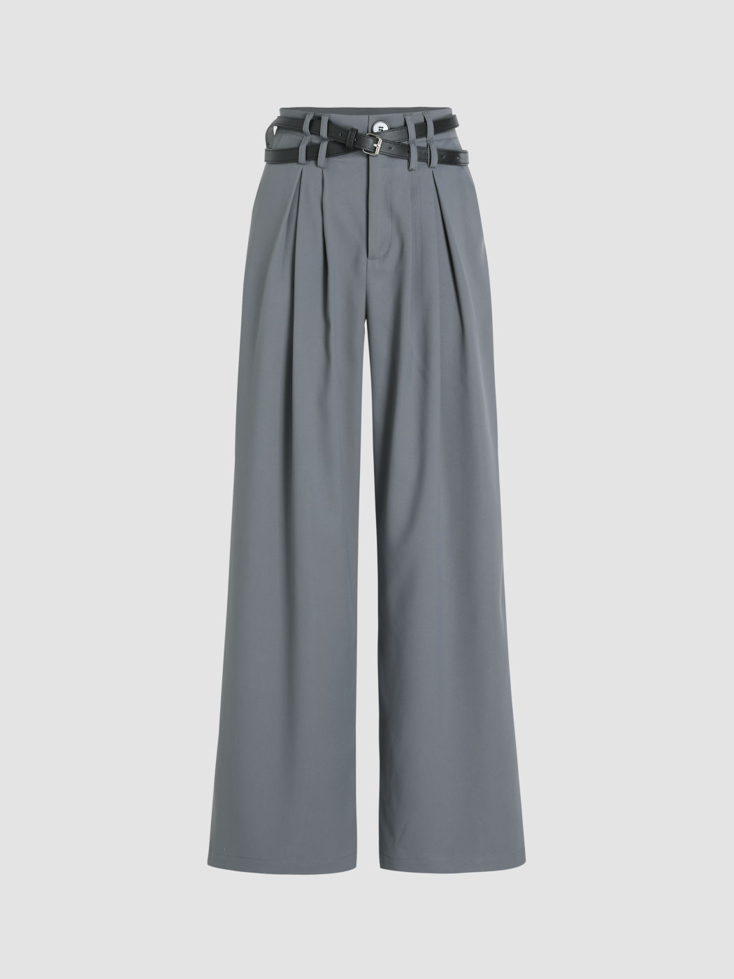 Solid Belted Straight Leg Trousers