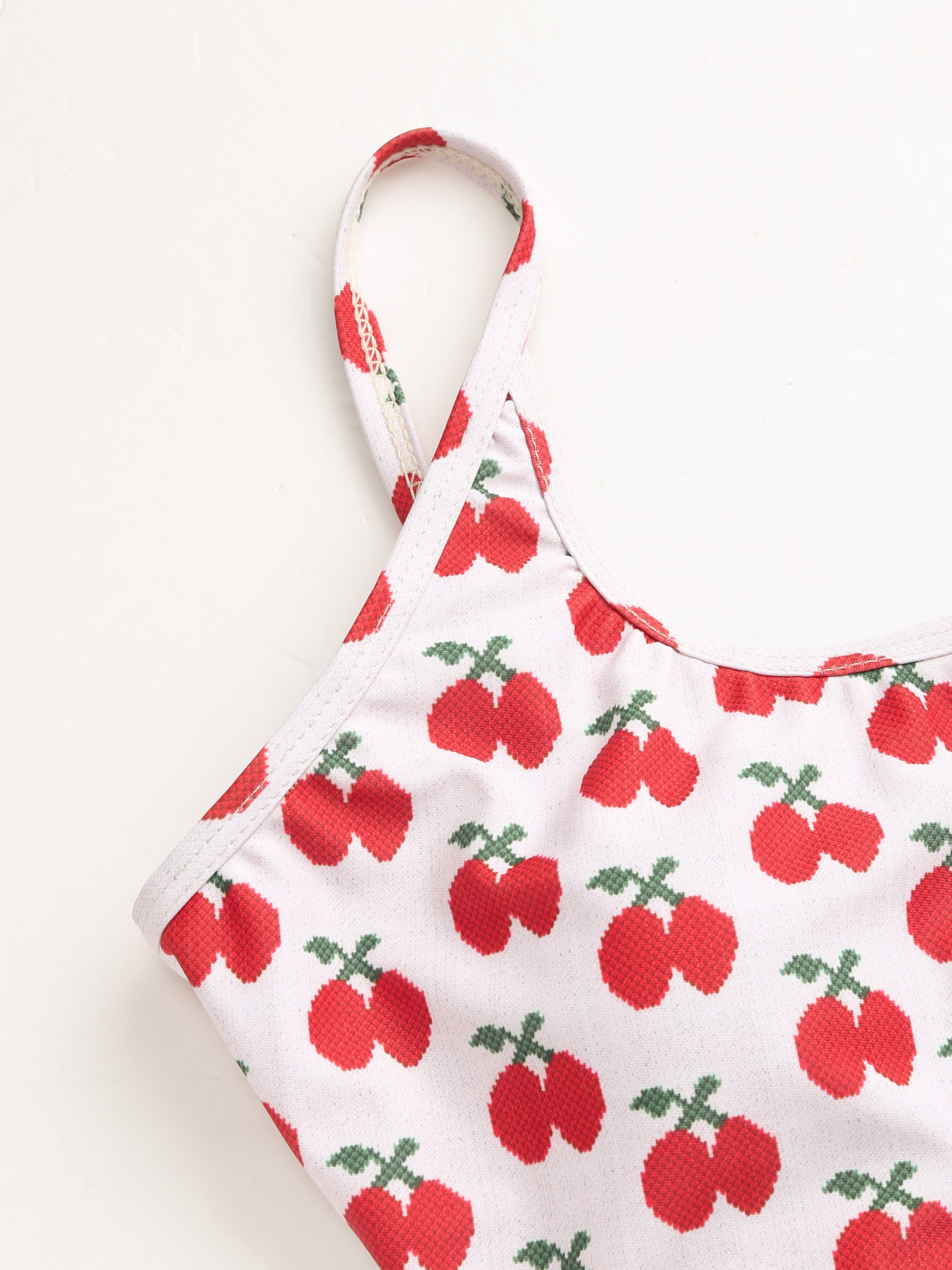 Knit Fabric Cherry Pattern U-neckline One Piece Swimsuit For