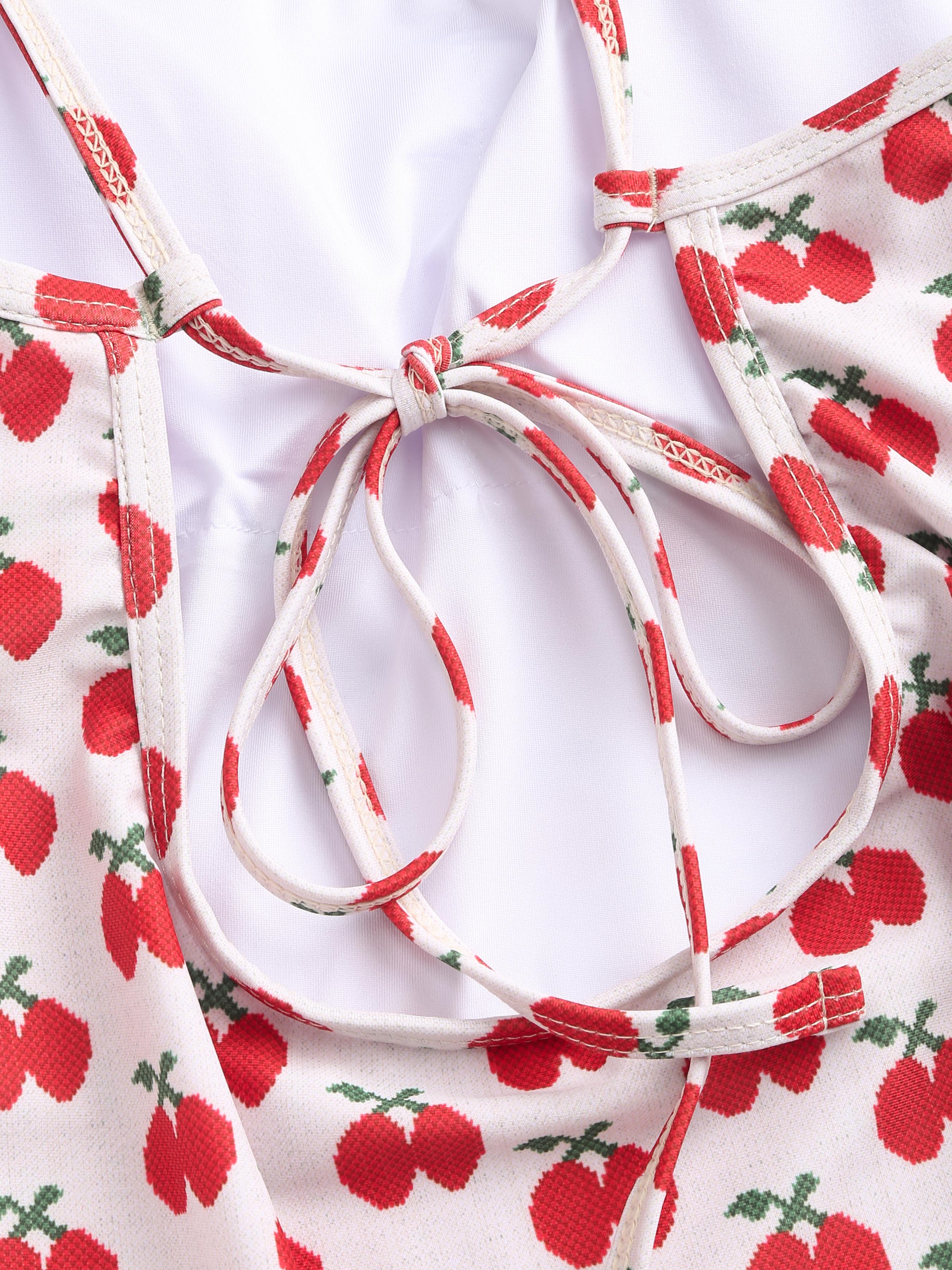 Knit Fabric Cherry Pattern U-neckline One Piece Swimsuit For
