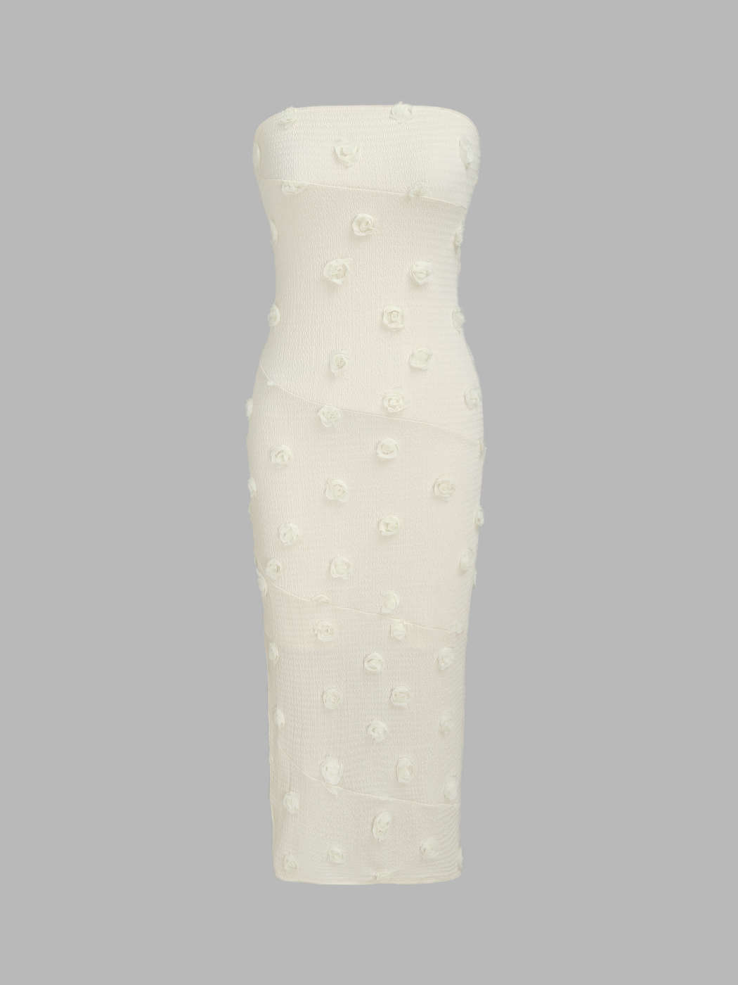 Knit Fabric White Roses 3D Floral Strapless Midi Dress For Wedding