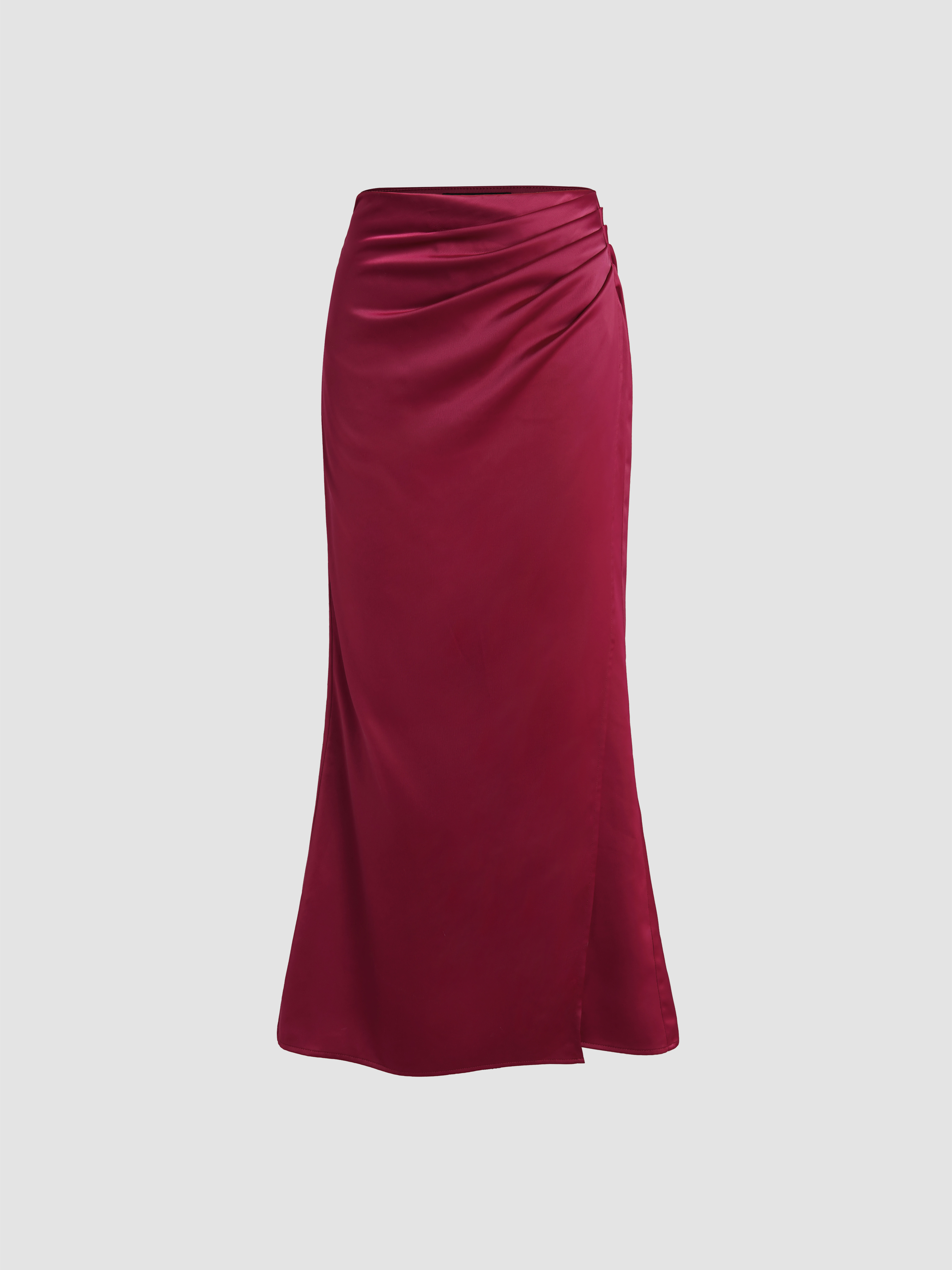 Satin High Waist Ruched Slit Maxi Skirt For Date