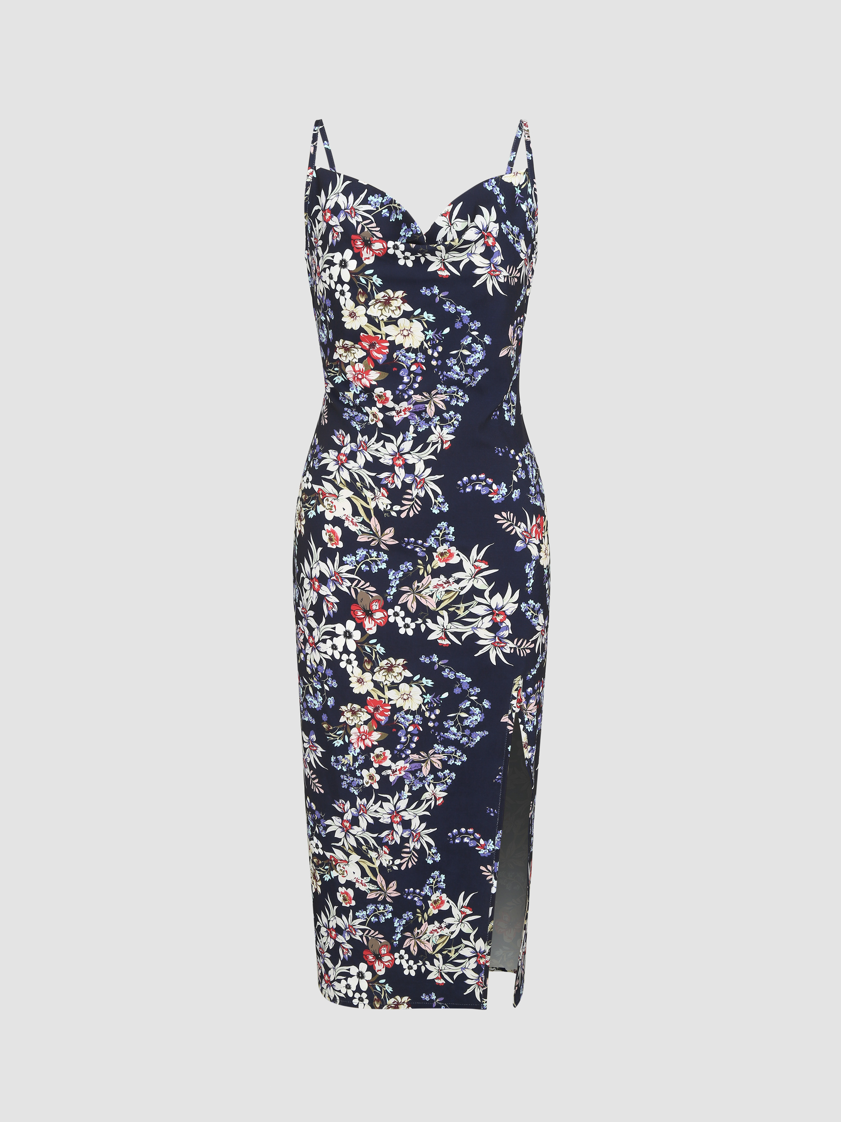 Floral Cowl Neck Split Midi Dress - Cider