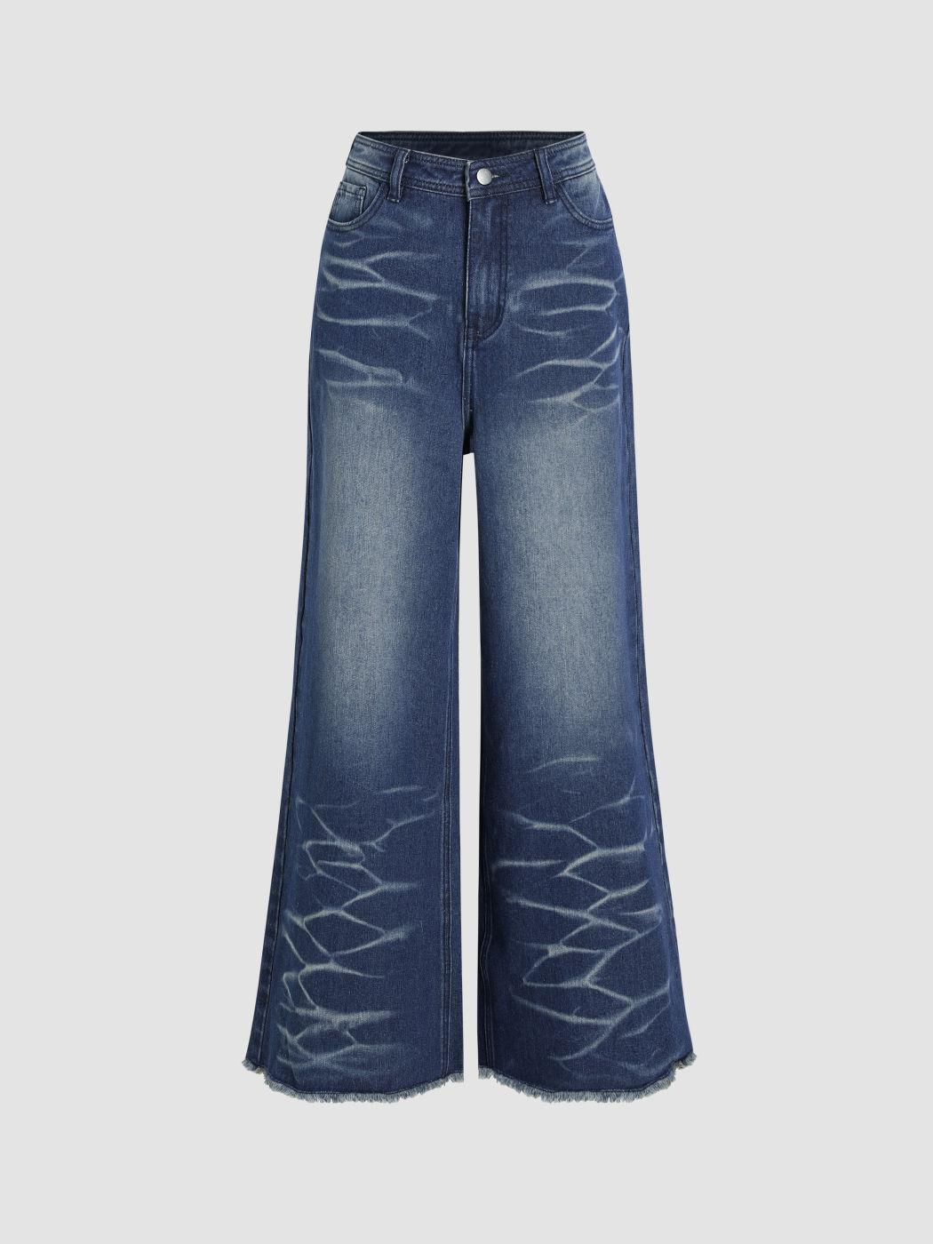 Denim Mid Rise Washed Raw Hem Wide Leg Jeans 