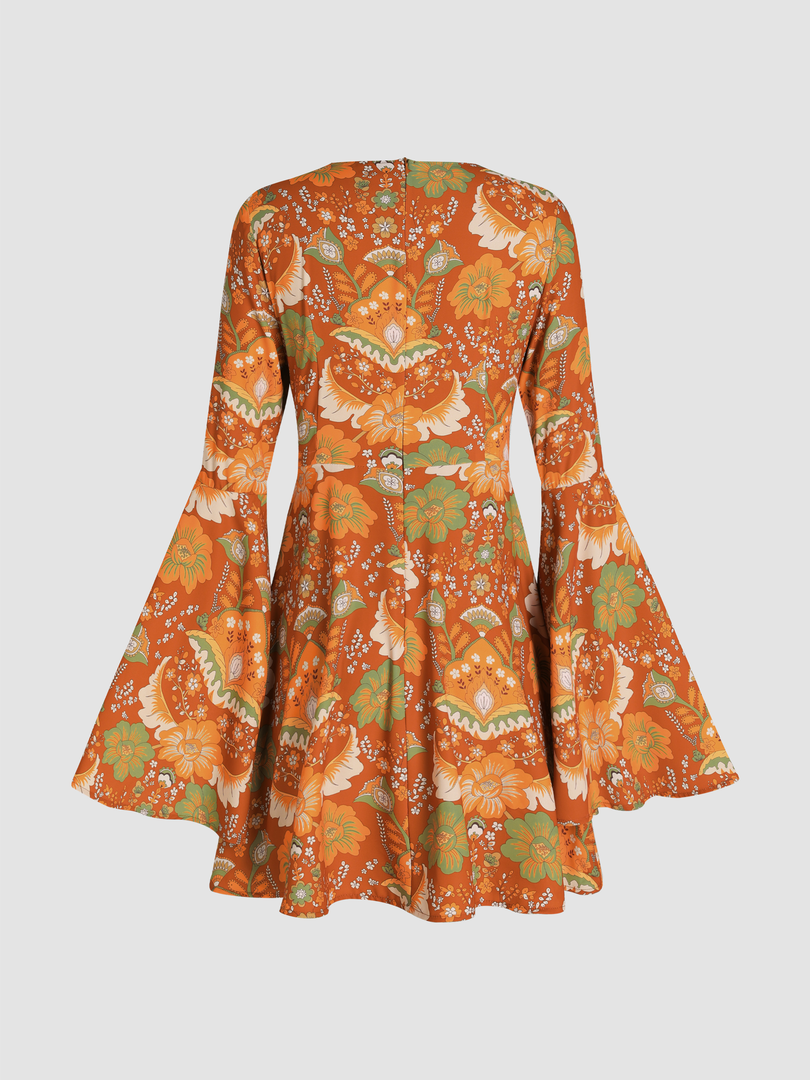 Floral V-neck Bell Sleeve Mini Dress For Vacation Holiday