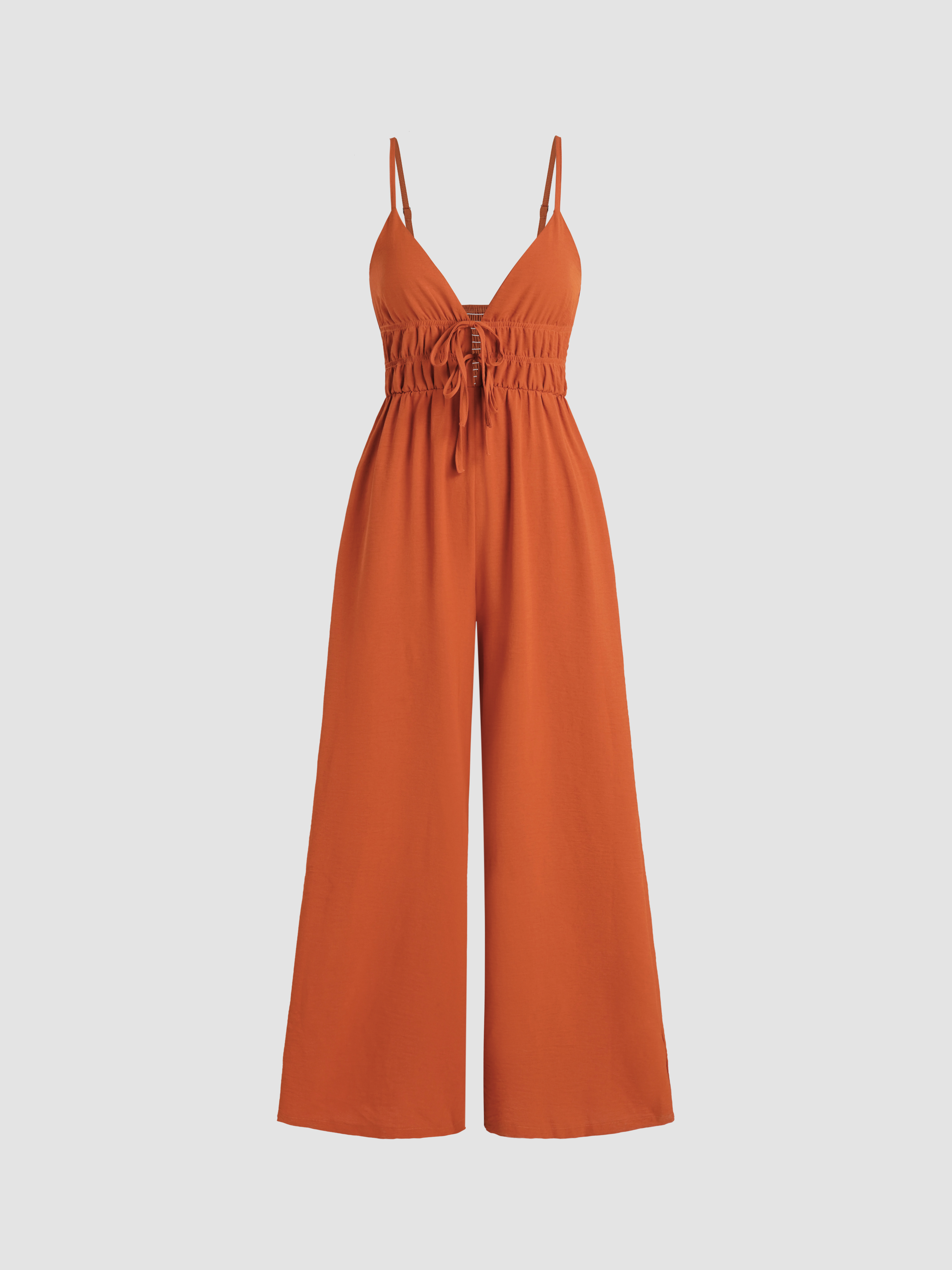 Solid Shirred Knotted V-neck Jumpsuit - Cider