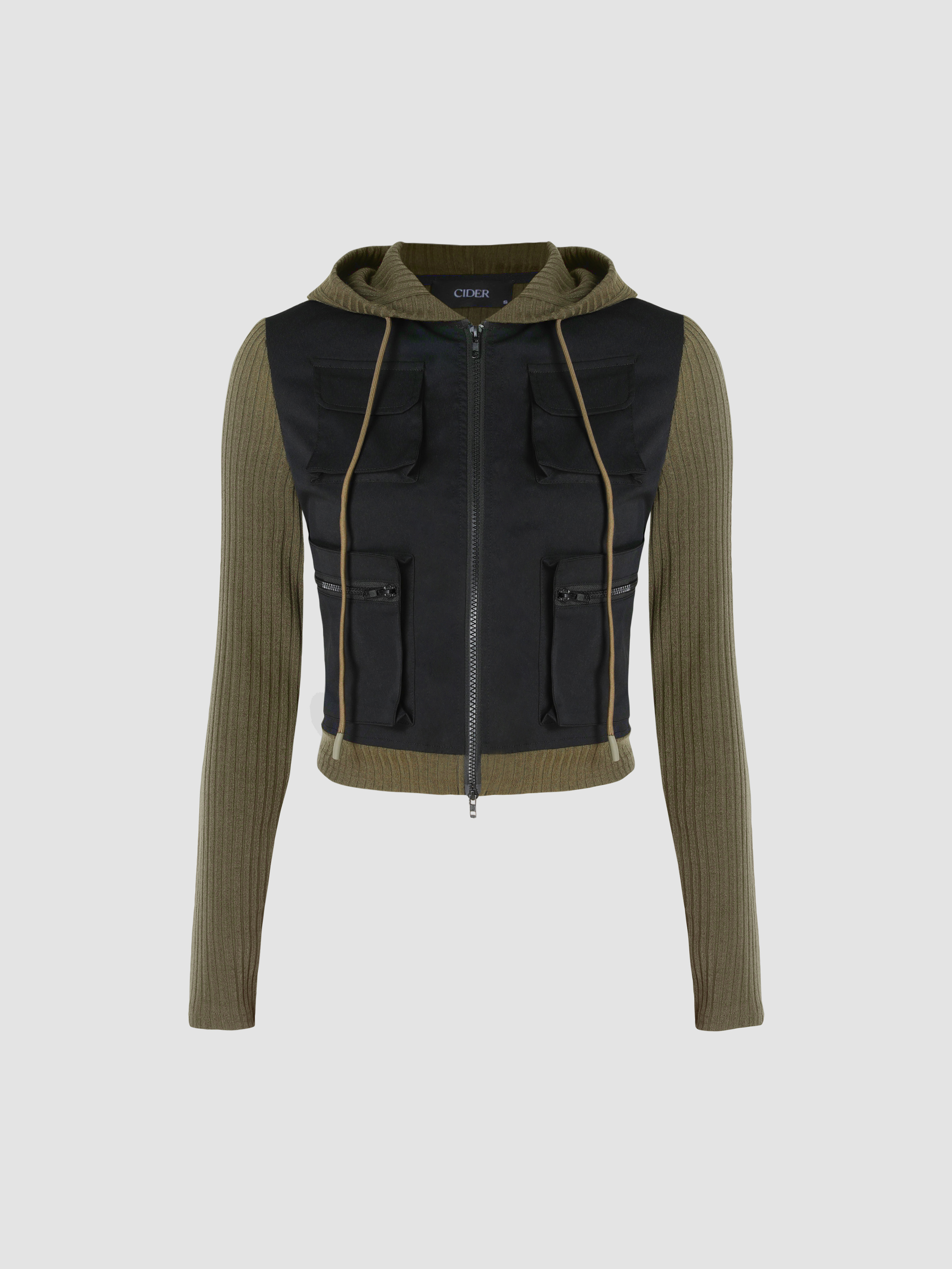 Patchy Hooded Pocket Zip Up Jacket Cider