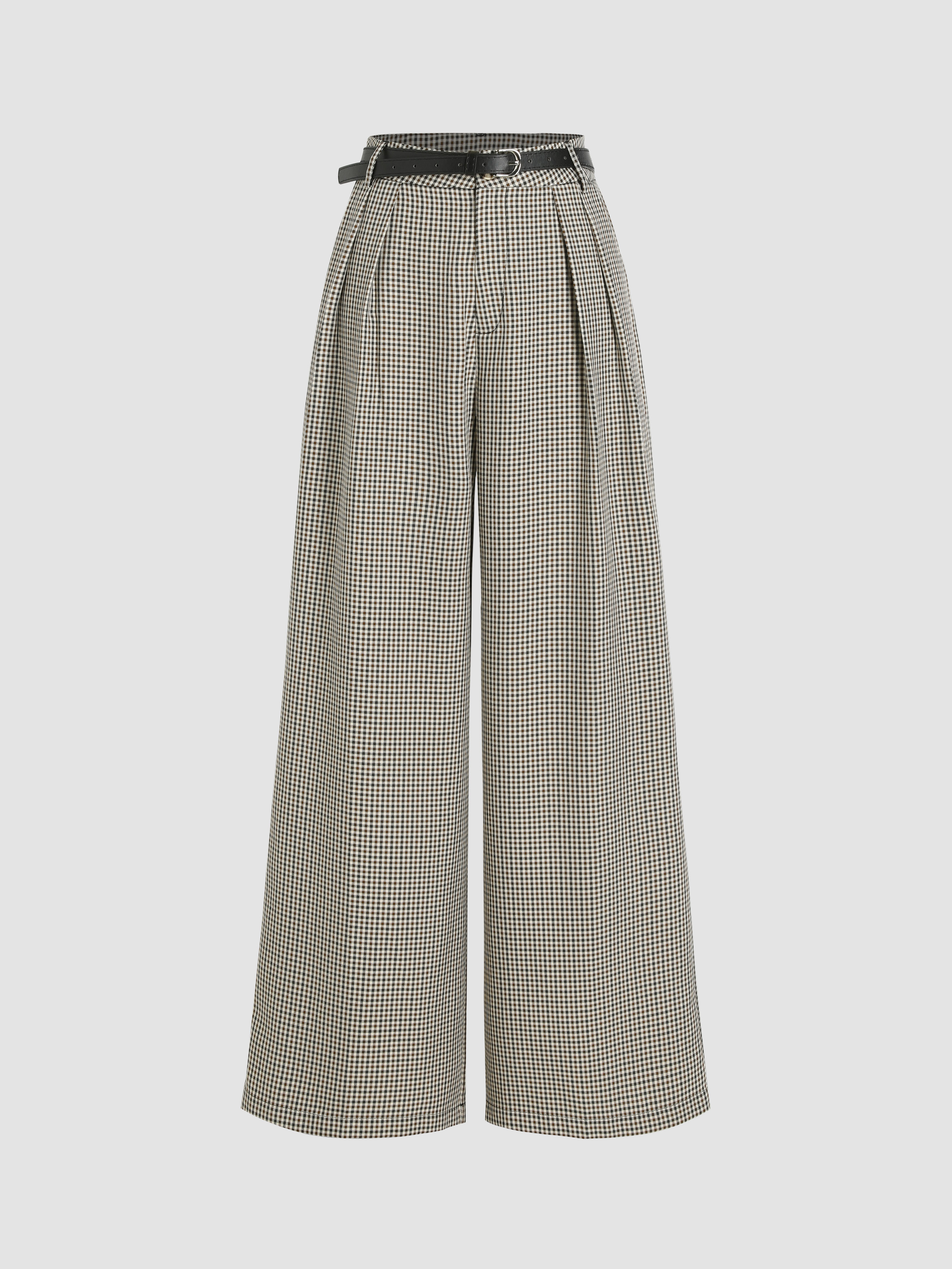 Pantalon large plissé vichy avec ceinture