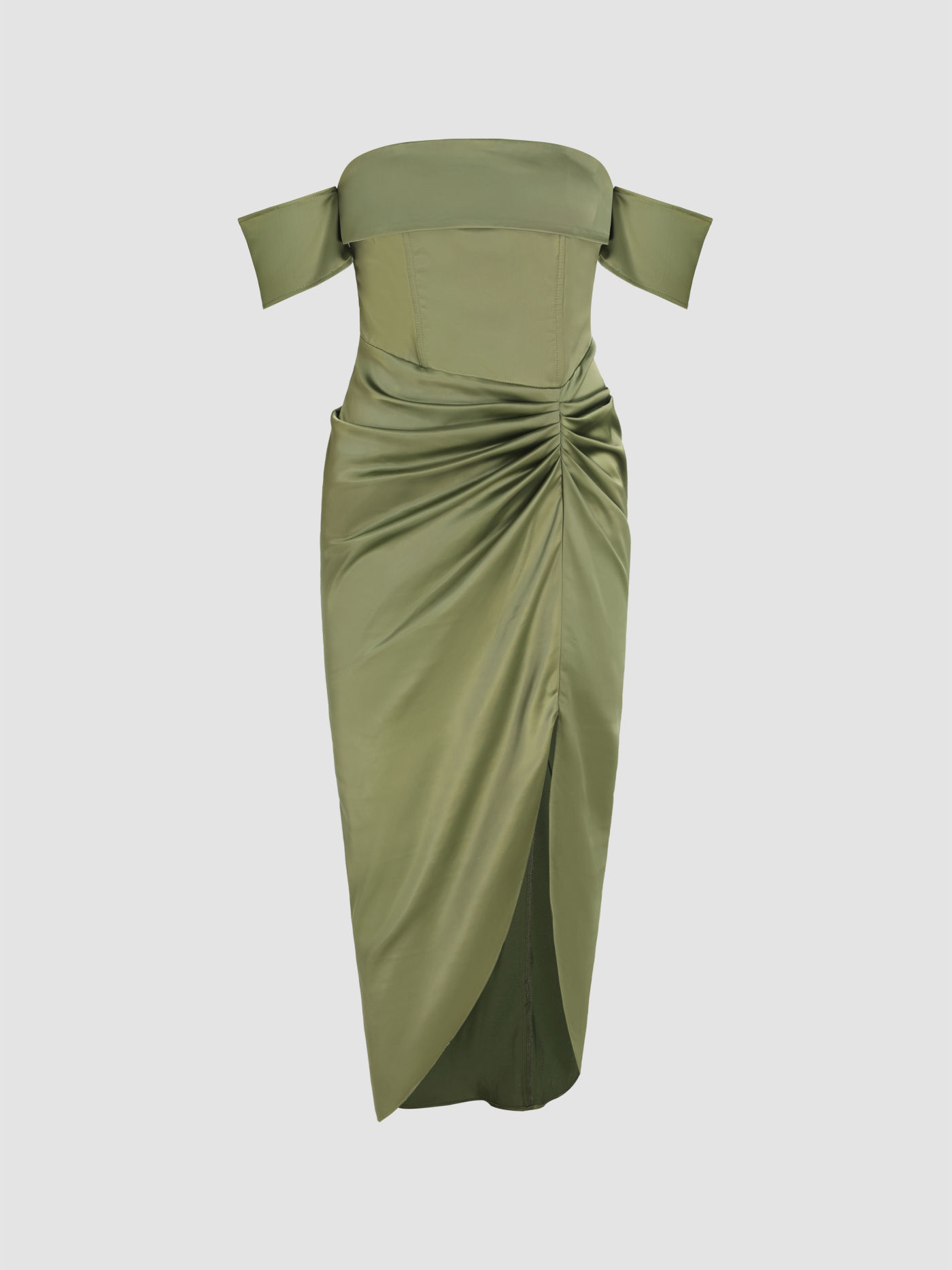 Solid Ruched Strapless Midi Dress