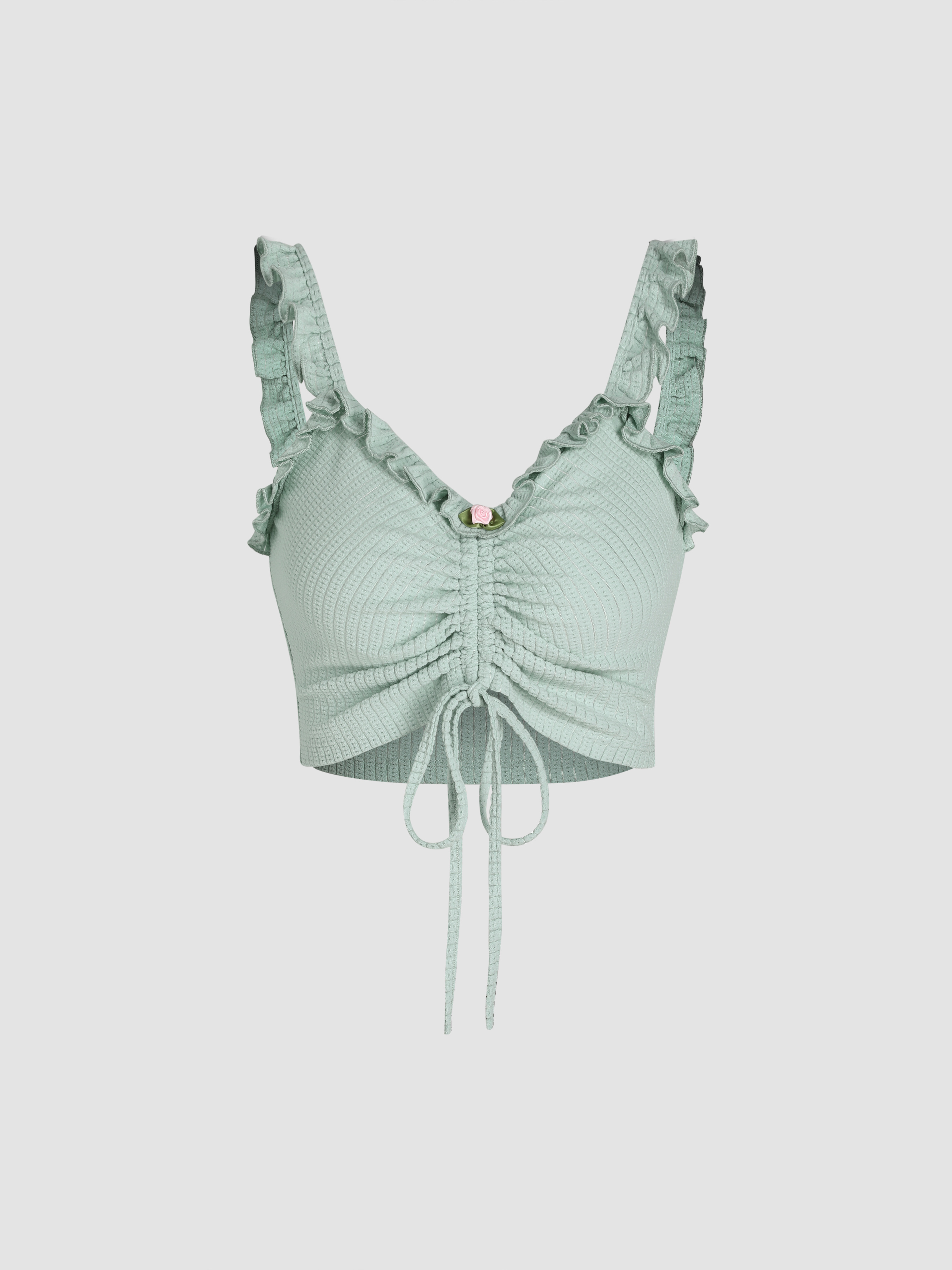 Knit Fabric Flower Knotted Ruched Tank Crop Top For Date