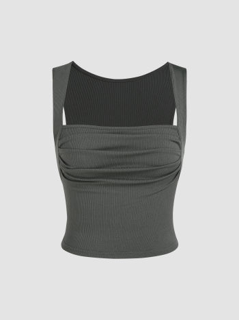 Solid Ruched Square Neck Crop Top - Cider