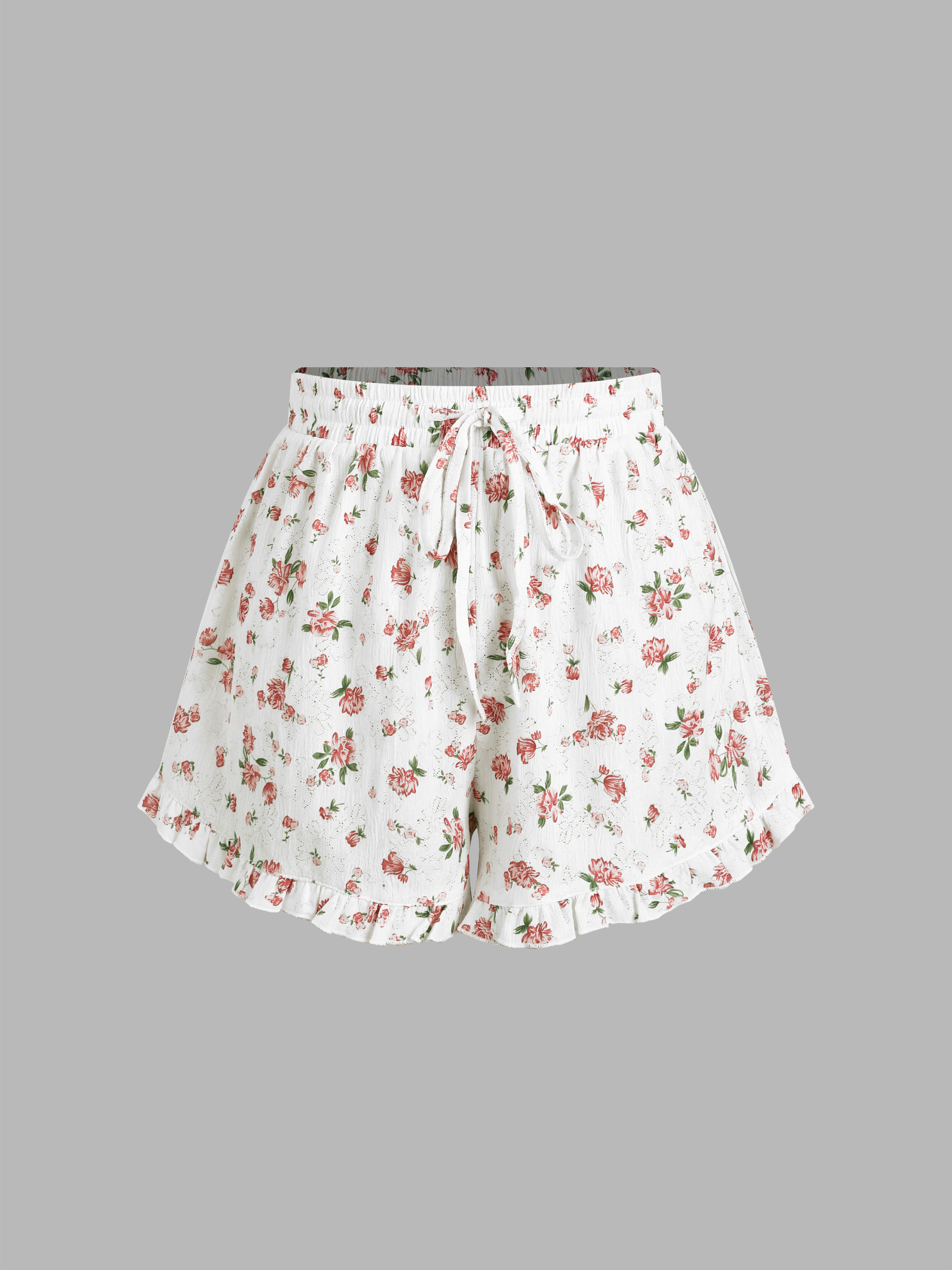 Floral Knotted Ruffle Hem Pajama Shorts Cider