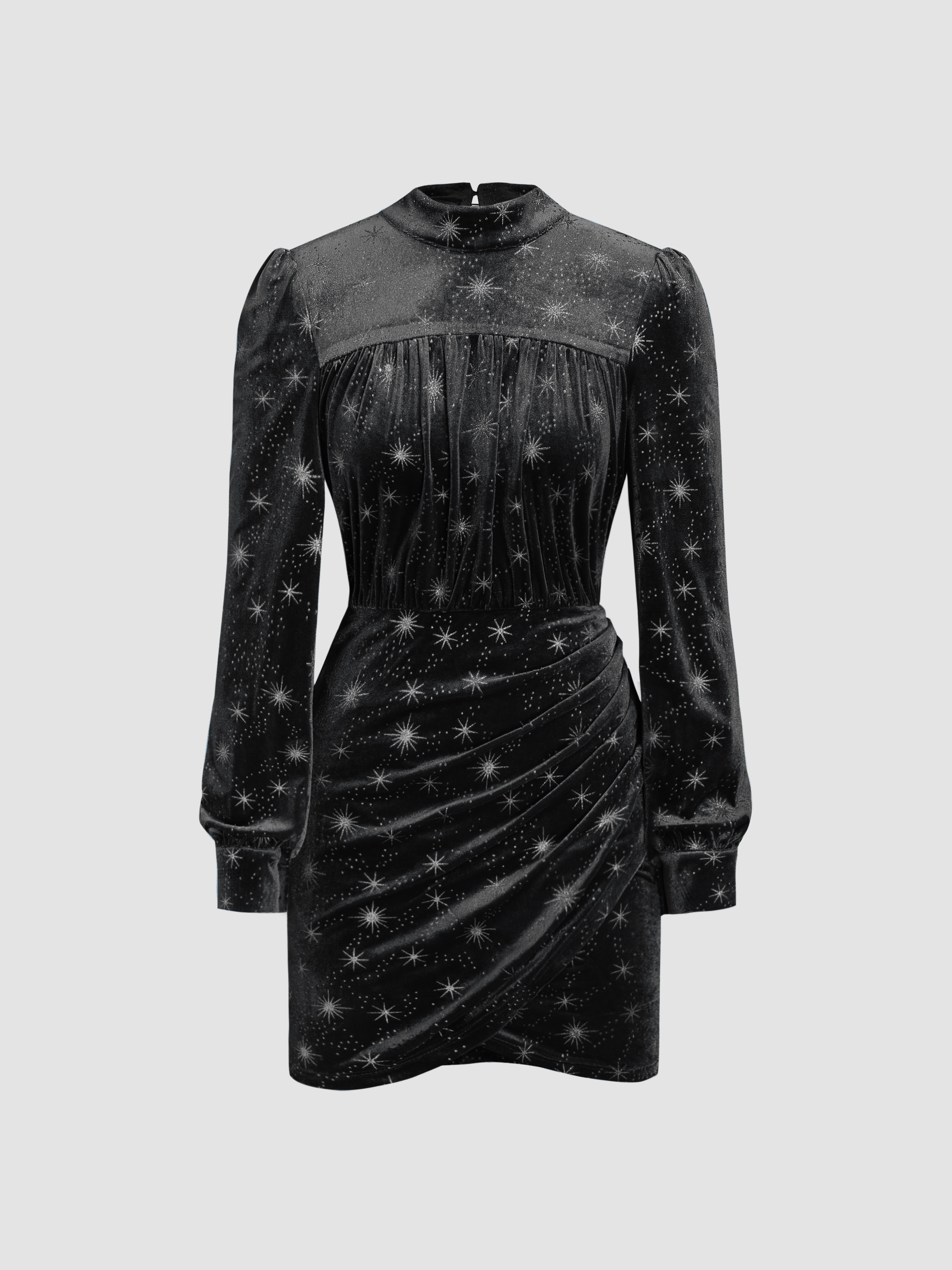 Velvet Star Pattern Bell Sleeve Short Dress - Cider