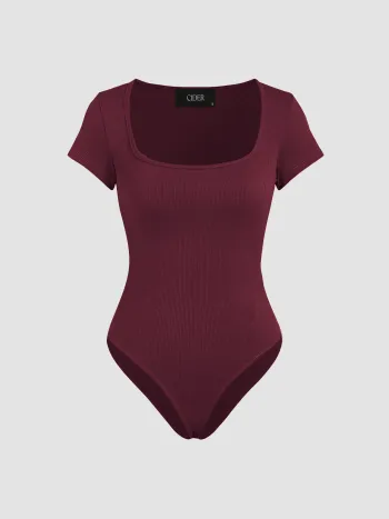 Solid Square Neck Short Sleeve Bodysuit