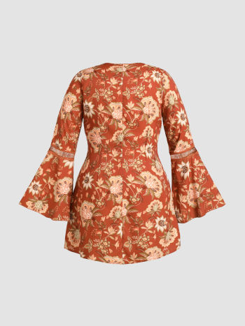 Woven Floral V-neck Bell Sleeve Mini Dress Curve & Plus For Holiday ...