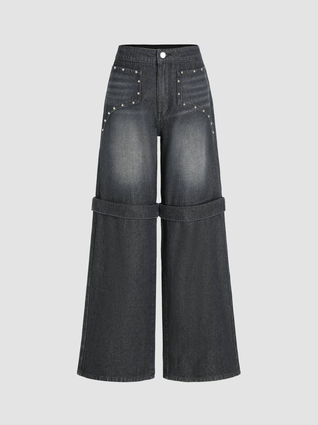 Denim Mid Rise Solid Detachable Wide Leg Jeans