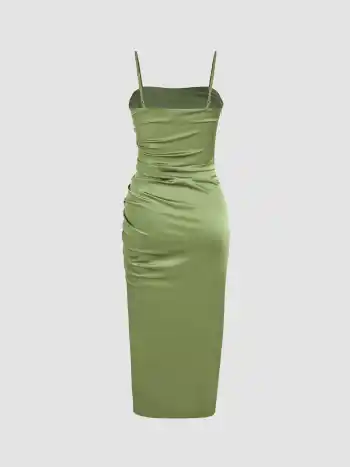 Solid Satin Ruched Split Midi Cami Dress